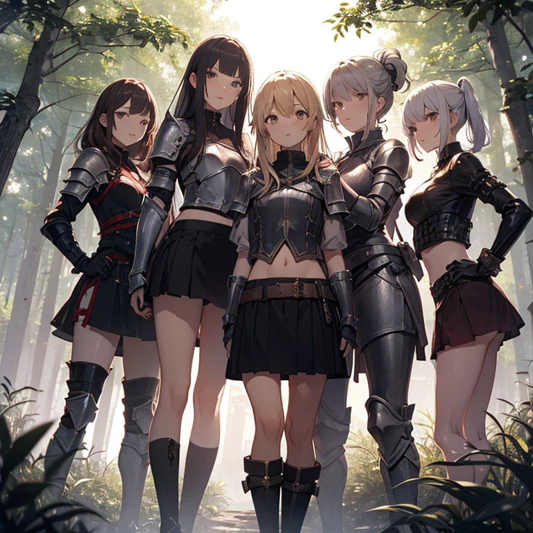 A group of female knight, (in forest), various hair styles, harem, wearing armored clothes, metal armor, night, details face, , short skirt, seducing, midriff