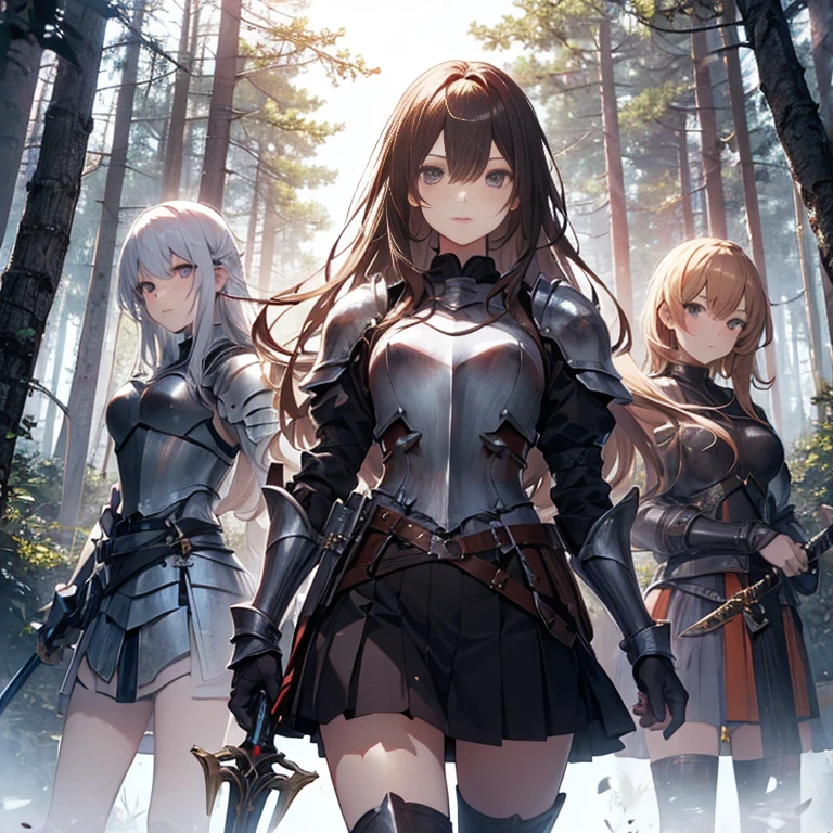 A group of female knight, (in forest), various hair styles, harem, wearing armored clothes, metal armor, night, details face, , short skirt, seducing, sword