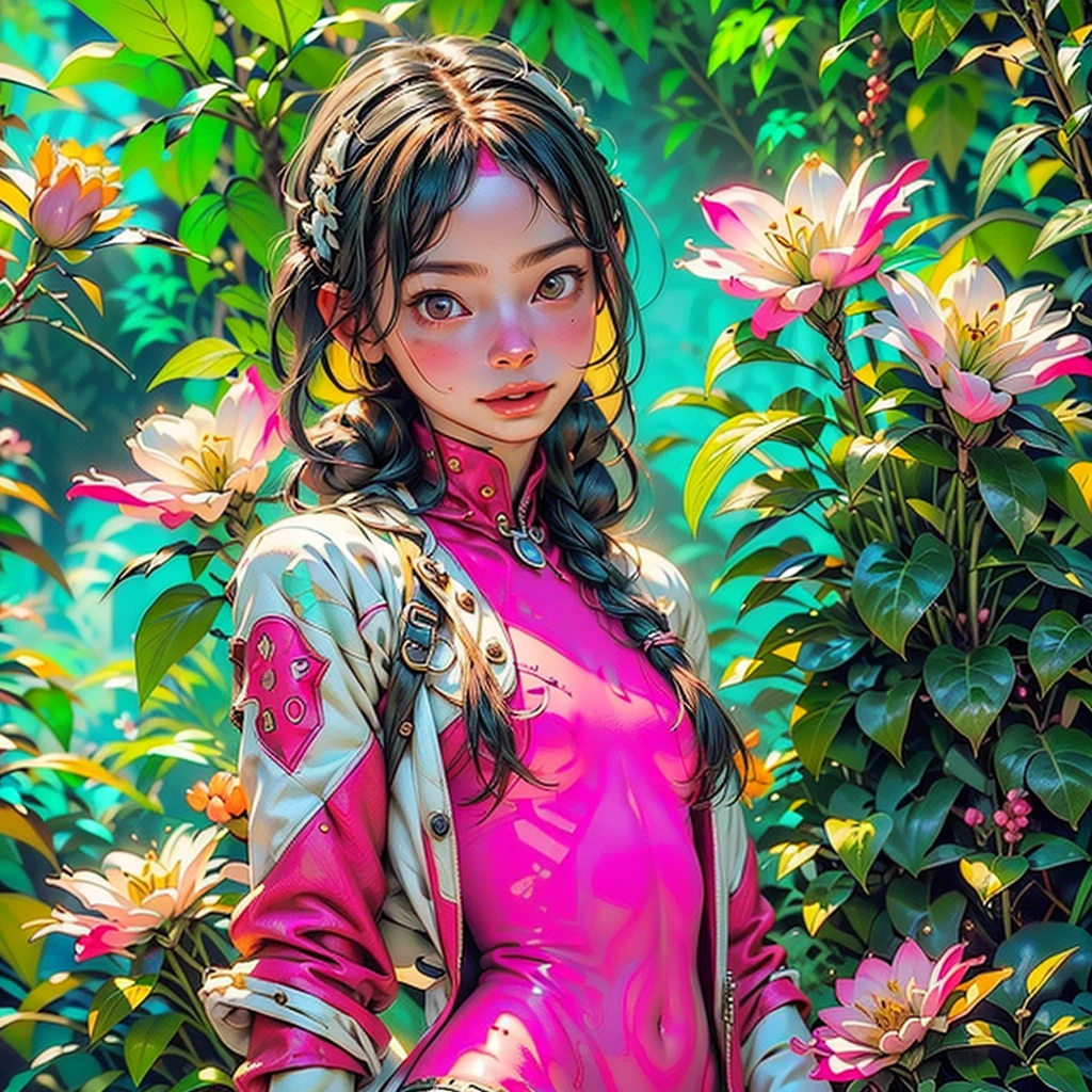 (((Create one girl 16+ years old.), (realistic), (close-up), (stands all tall), (mysterious))_((Girl), (green:1.5, orange:1.1, white:1.3, yellow:1.3))_((very sexy girl with dreadlocks), (tattoos), (naked parts of the body), (down jacket: 1.2),(jacket on the naked body, T-shirt, thong))__))_((Beautiful figure, half-turn16+ years),(realistic)),((small peach breasts, graceful figure, narrow waist, smooth hips)),((long double braids),(tight braids), (braided hair),(dark hair) ),((red lips)), ((smile)))_ ((((Shiny skin:1.5, white skin, light skin: 1.5)),((sexy), (cute))_((fractals, Flowers, leaves, fog, lilies, circles background))_((Chiaroscuro, contrast, warm - cold), (atmospheric visualization), (best quality), (Virtual realism))_)))_(((Digital painting, style anime, cyberpunk), (best quality, 4k, high resolution, masterpiece: 1.2)),((ultra detail)),((realistic, photorealistic, photorealistic: 1.37)))_(((Soft clear shapes, wide strokes, attention to detail)))_(((High quality, 16K | Ultra HD | Full