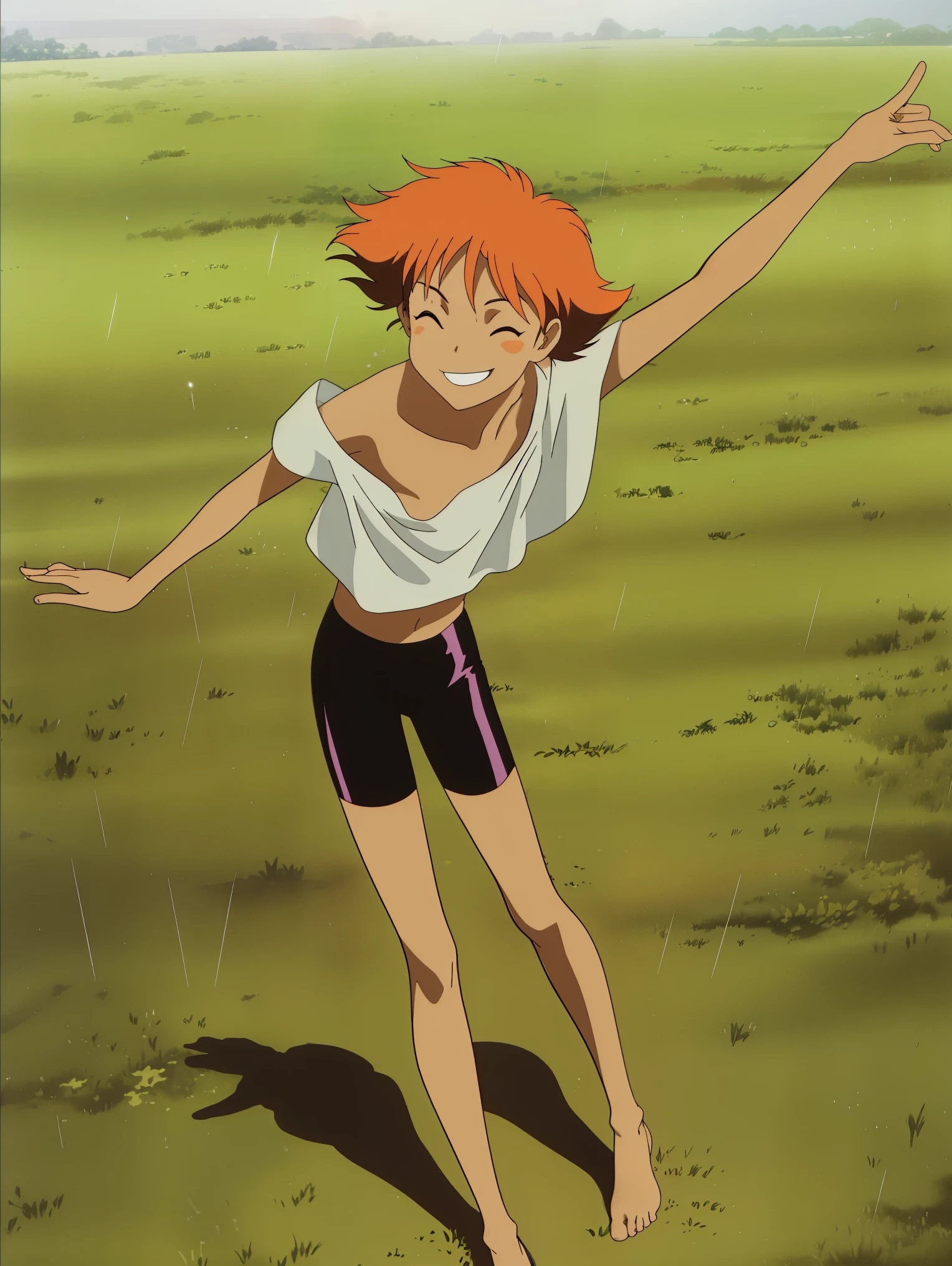 Edward, (((dancing))) in the rain, (((naked))) bare feet, raining hard, full body, feet in puddle, hands in the air, looking up at the sky, eyes closed, (((field background))) smiling, wet hair, orange hair,collarbone,tan skin, brown eyes, smiling, small breasts, nipples, cleavage (insanely detailed, beautiful detailed face, masterpiece, best quality),
