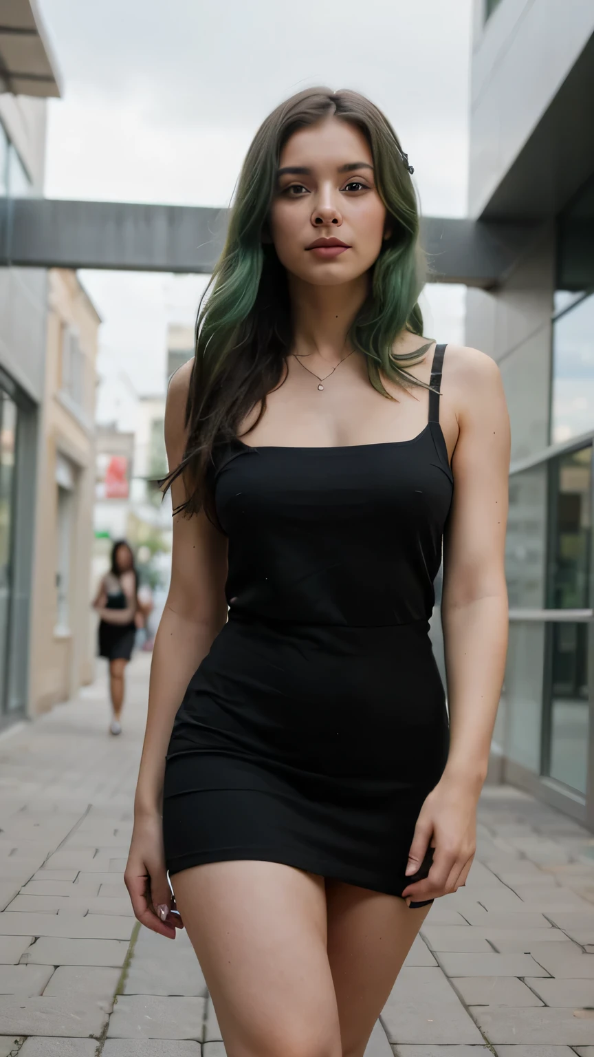1girls, Nur, green Hair , 24 years old , The elegant and fit woman is standing in a romantic composition in a black dress, with her legs slightly apart and thick thighs.