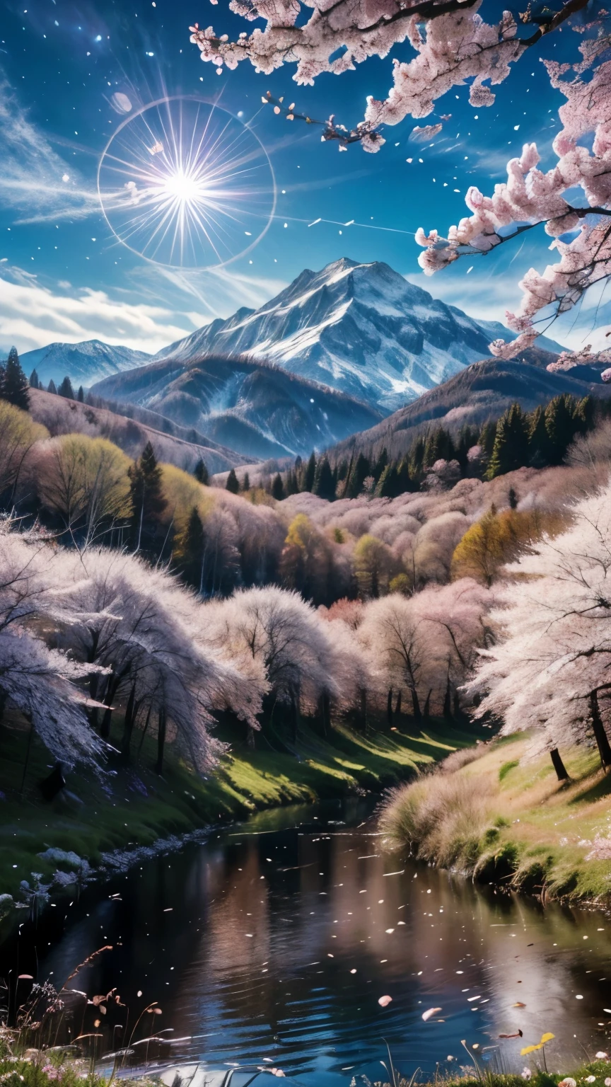 ((LOGO, AMAZING, 8K, TABLETOP, RAW PHOTO, Awesome, Top Quality, Photorealistic and Highly Detailed CG Integrated 8K Wallpaper, High Quality, Highly Detailed, Narrative Verse, Particle Effects, Dynamic Effects, Text Border Depth, Cinematic Light, Lens Flare, Ray Tracing, Tabletop, Real: 1.4, Ultra HD: 1.2, Real, Real)), Fantasy, Anatomically Correct, Wind, Beauty of Mountains and Forests and shine, the world's silence and beauty of the meadow, the vast land, the lakeside, the wonderful scenery, the beautiful natural scenery, the wind, the cherry blossoms, the cherry blossom petals are dancing, the cherry blossom blizzard, the falling petals.