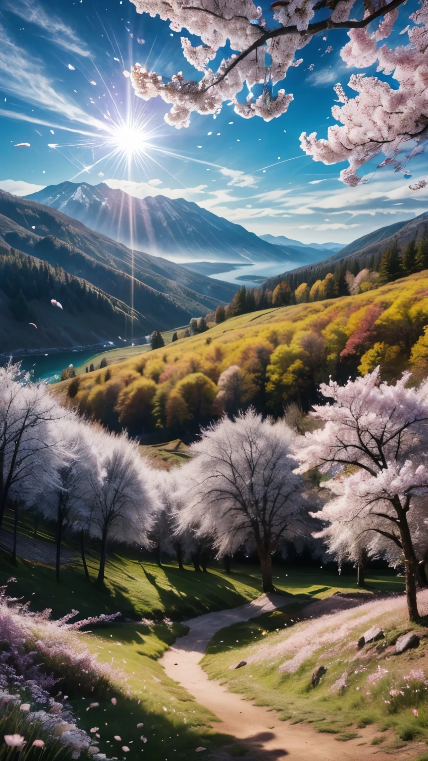 ((LOGO, AMAZING, 8K, TABLETOP, RAW PHOTO, Awesome, Top Quality, Photorealistic and Highly Detailed CG Integrated 8K Wallpaper, High Quality, Highly Detailed, Narrative Verse, Particle Effects, Dynamic Effects, Text Border Depth, Cinematic Light, Lens Flare, Ray Tracing, Tabletop, Real: 1.4, Ultra HD: 1.2, Real, Real)), Fantasy, Anatomically Correct, Wind, Beauty of Mountains and Forests and shine, the world's silence and beauty of the meadow, the vast land, the lakeside, the wonderful scenery, the beautiful natural scenery, the wind, the cherry blossoms, the cherry blossom petals are dancing, the cherry blossom blizzard, the falling petals.