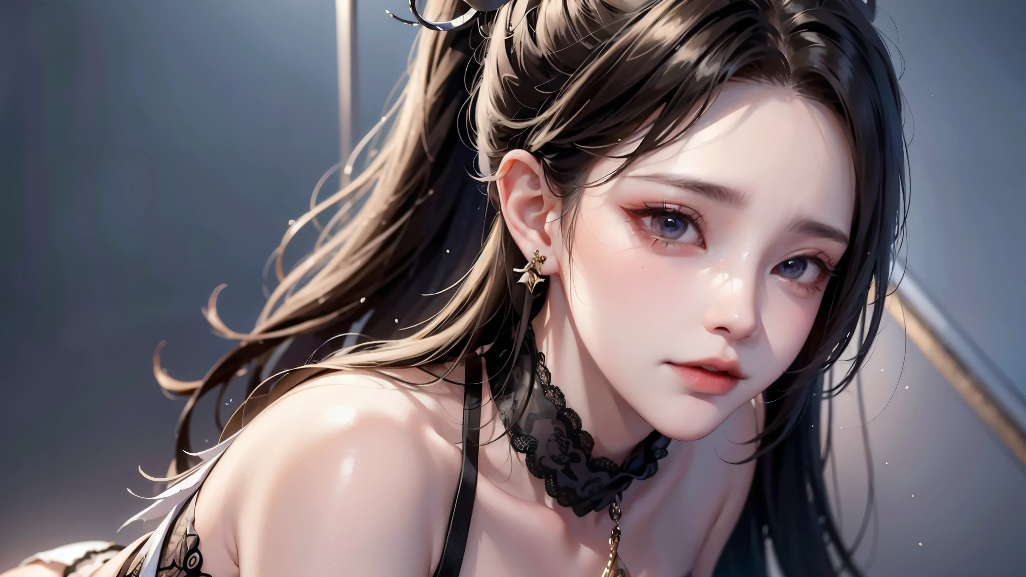 1 girl,high resolution, high quality, masterpiece, mxmk white dress, bare shoulders, purple eyes, white dress, braid,gold eye shadow,Dark red pupils,