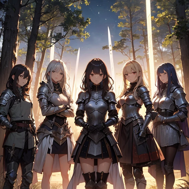 A group of female knight, (in forest), various hair styles, harem, wearing armored clothes, metal armor, night, details face, , short skirt, seducing, sword