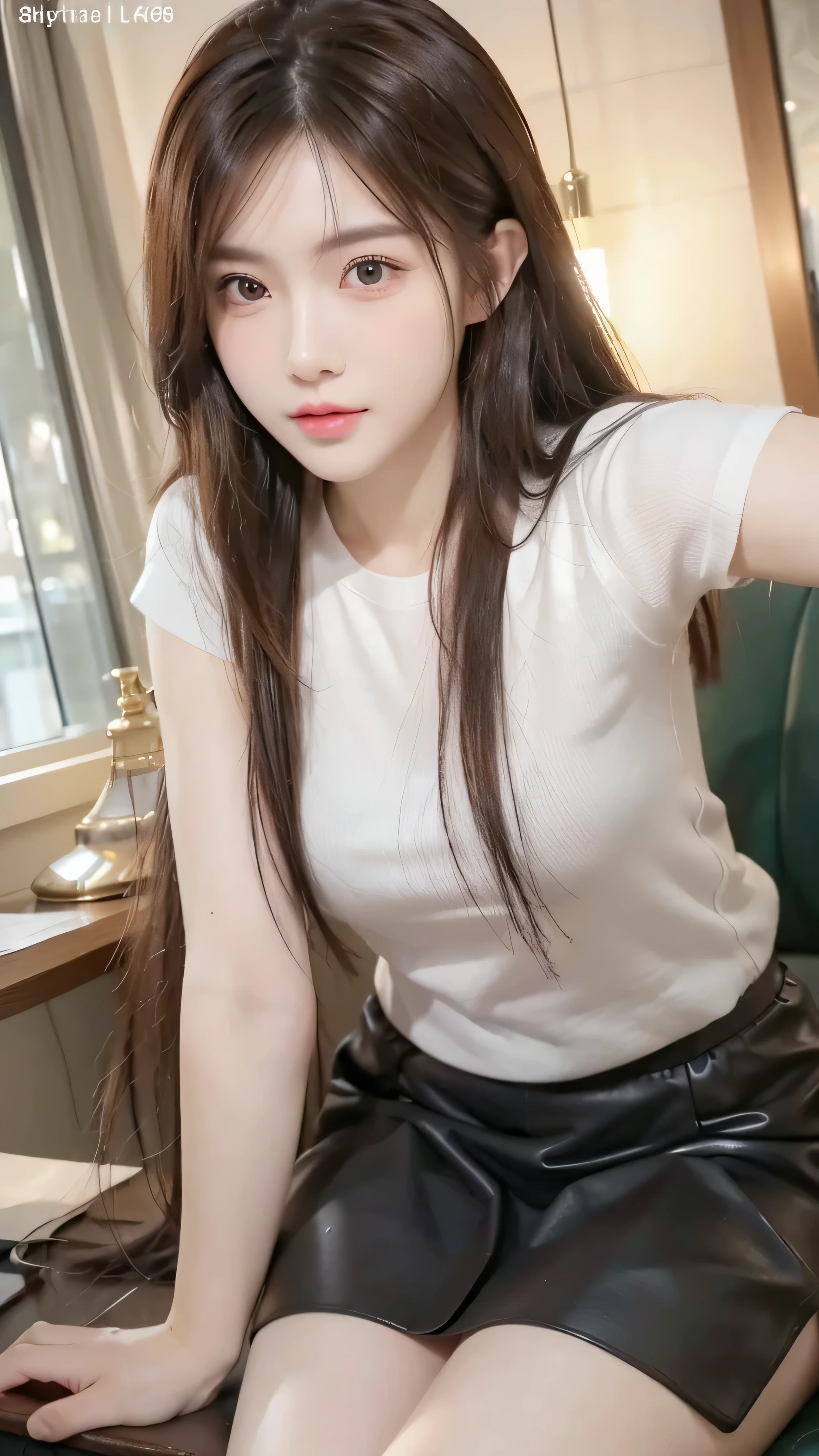 (8K, Raw photo:1.2),Detailed face and eyes, verry big breasts, Best Quality, 超A high resolution, Highly detailed, detailed hand, intricate detailes ,masutepiece ,Cute Girl , Soft cinematic light, Hyper-detailing,Sharp Focus, High quality, mini leather skirt, do not change your hairstyle