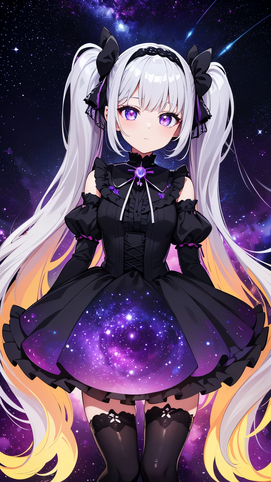  Walk towards the honey portal, radiant energy, UFO and stars in the sky, cosmic nebula, electric hue, Colorful but dark, Abstract interpretation, A psychedelic girl draws in the mind of the Angel of Death. gothic lolita fashion. Twintail Silver Hair. creator of the universe.god girl。Creation God。