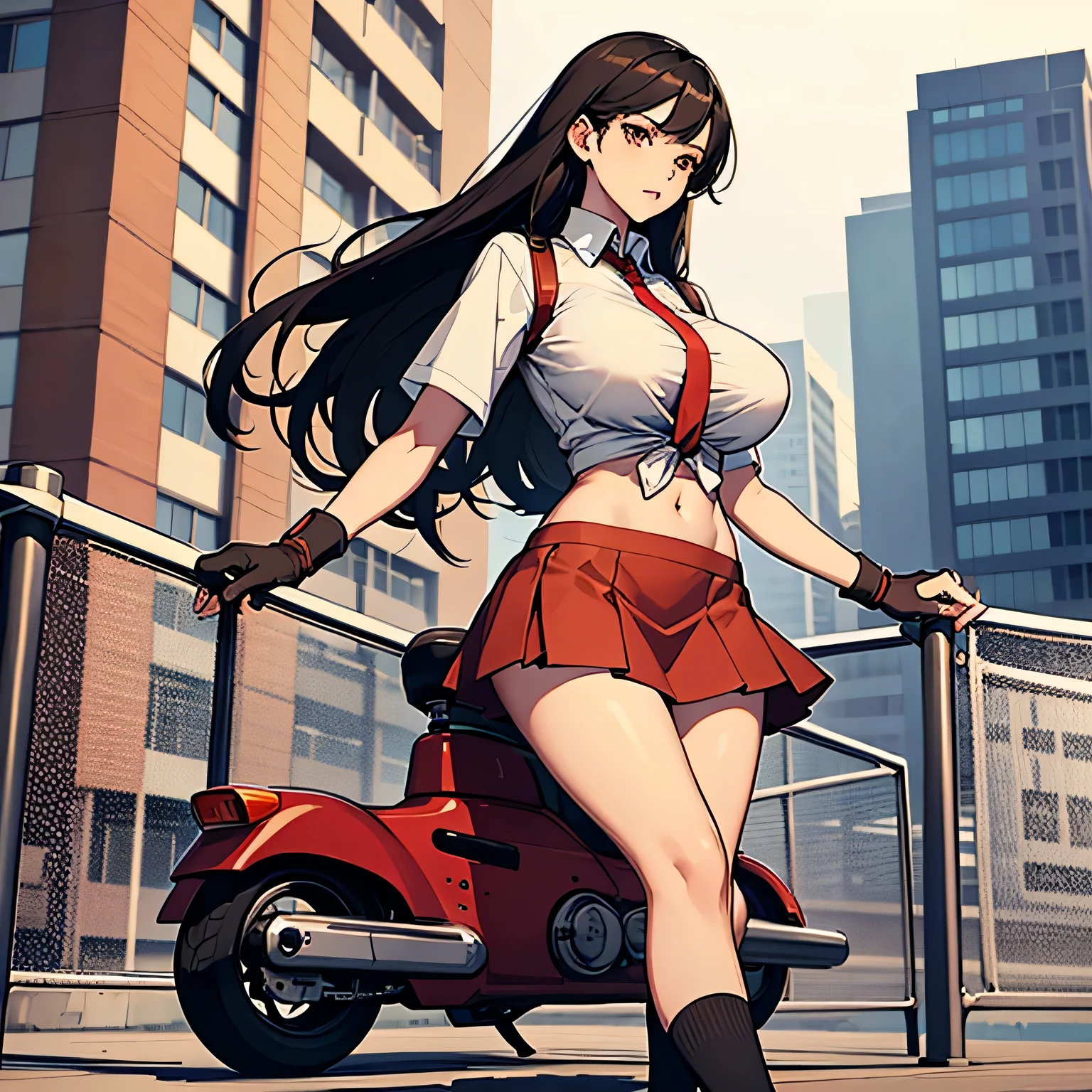 A sexy tall girl with big breasts, black hair that reaches the middle of her back, her brown eyes, dresses collegiately, a white shirt with a knot, unbuttons her scooter and shows her navel, she is wearing a red skirt, wearing a net between long socks and brown tennis shoes, holding her hand, gloves, black steel 