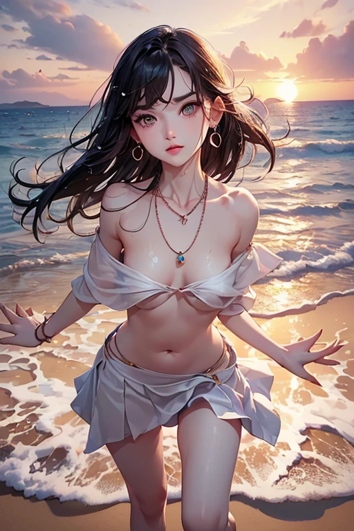 ((Biologically correct number of limbs))、((Natural finger shape))、(( Full body photo including face))、Standing position、[NSFW]、4k、masterpiece、((focus on face))、((symmetrical facial features))、Eyes of meticulous depiction、Beautiful woman、outstanding style、beautiful clavicle、beautiful feet、beautiful hands、glamorous、(small ass、thin thighs）、(high heels）、detailed depiction of the face、small earrings、necklace、(Upper body is off shoulder、paleo、skirt）、Make a splash on the beach、The background is the sunset over the sea、