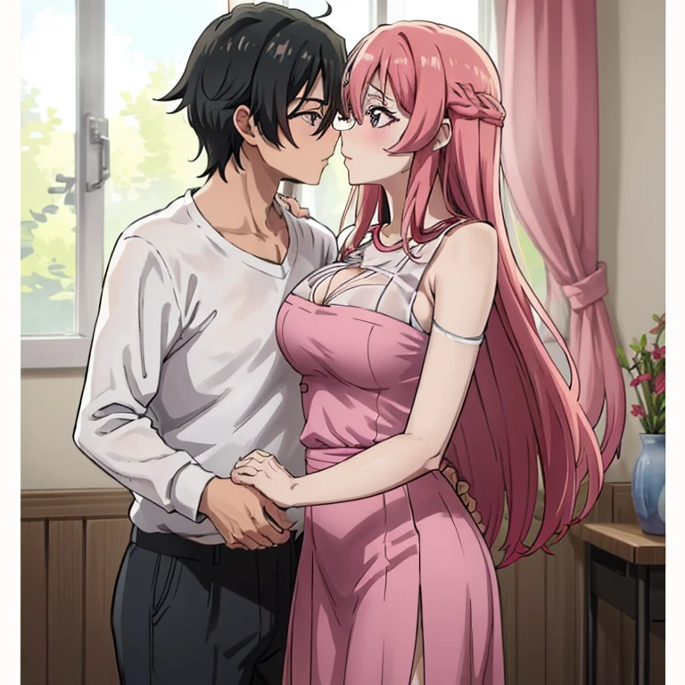 (((obra maestra del anime))), (((anime bien realizado))), romantic couple teacher man and his family, mujer foxy adulta con el pelo largo gris y ojos rojos brillantes, piel palida, sonriente, hombre adulto, pelo corto negro rojizo, ojos radiantes de color verde saturado, piel palida, avergonzado 😳, muy cerca entre el y ella,
