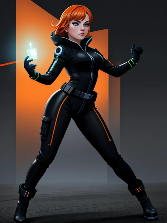 1girl, Sexy Experienced Cyberpunk Agent, short orange hair, blue eyes, (Wearing: futuristic black tight jumpsuit, utility belt, boots), light skin, natural makeup, athletic body, holding two pistols with both hands, looking fiercely at the viewer. heroic pose, full-length, full body, fight scene, full-length, super face detail, Very detailed, 8k, dark tone, dark shadow, glow in the dark, game color correction, (HDR, UHD, 64k, best quality, RAW photo, best quality, masterpiece: 1.5), UHD, hd, k, hyperrealism, very detailed, hyperrealism, very detailed, in hyper-realistic detail, hyper-realistic full-body detail, high detailed, digital painting, trending on artstation, HD quality