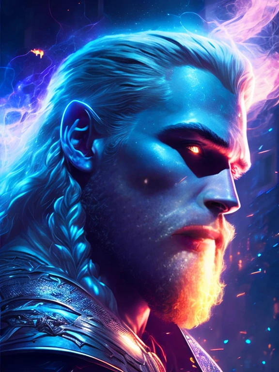 Portrait sombre de Dieu Thor avec des éclairs partout de Marvel, extremely detailed, paysage urbain futuriste, la nuit, Luminous neon lights, smoke, Sparks, copeaux de métal, flying debris, effets de l'blue energy, volumetric light