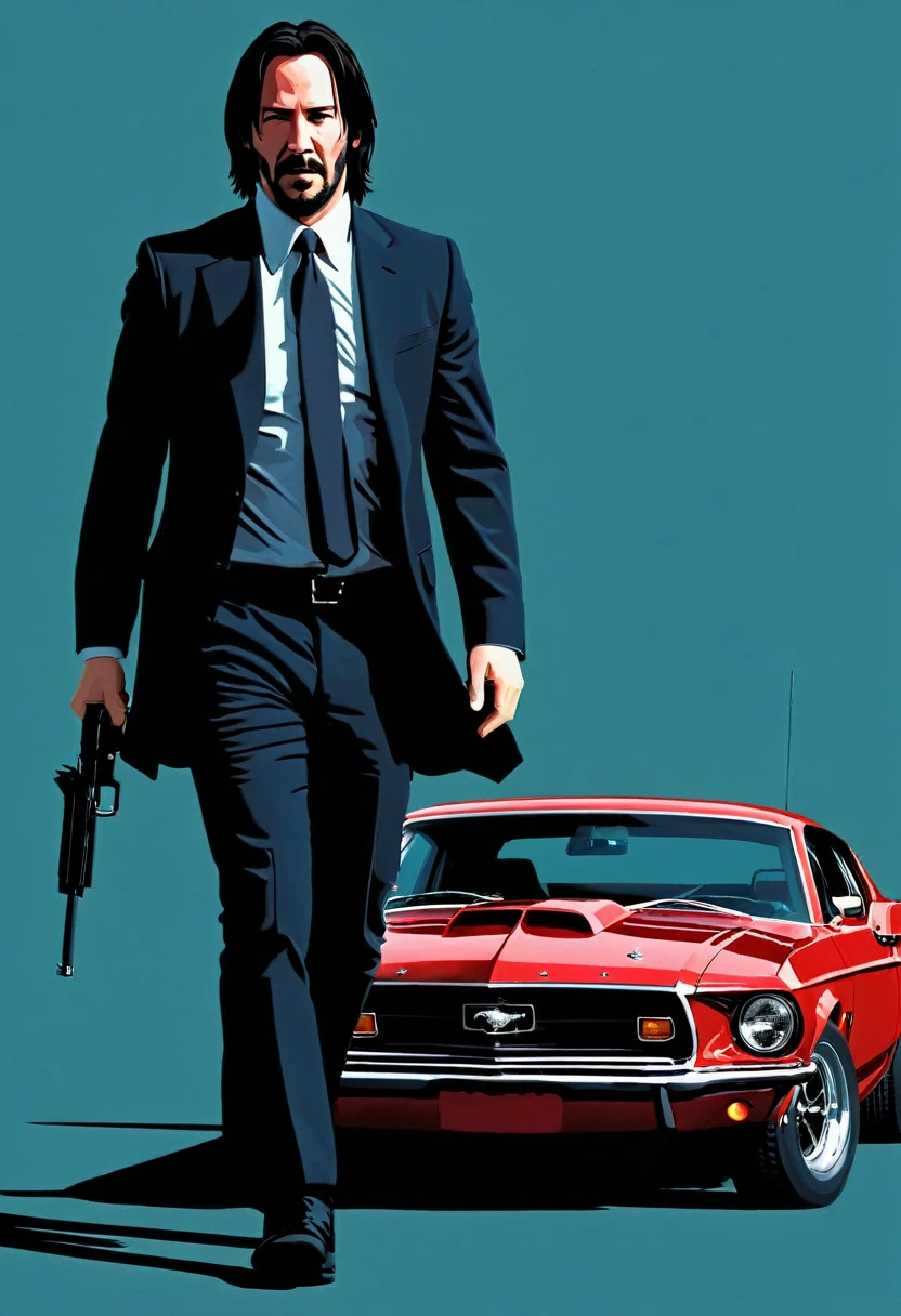 Vector art, vectorized, (ohwx), keanu reeves as John Wick, He walks with a gun in his hand, a car (a 1969 black FORD MUSTANG BOSS 429) with the driver's door open is visible behind him, Vector art,, minimalized, toned colors,