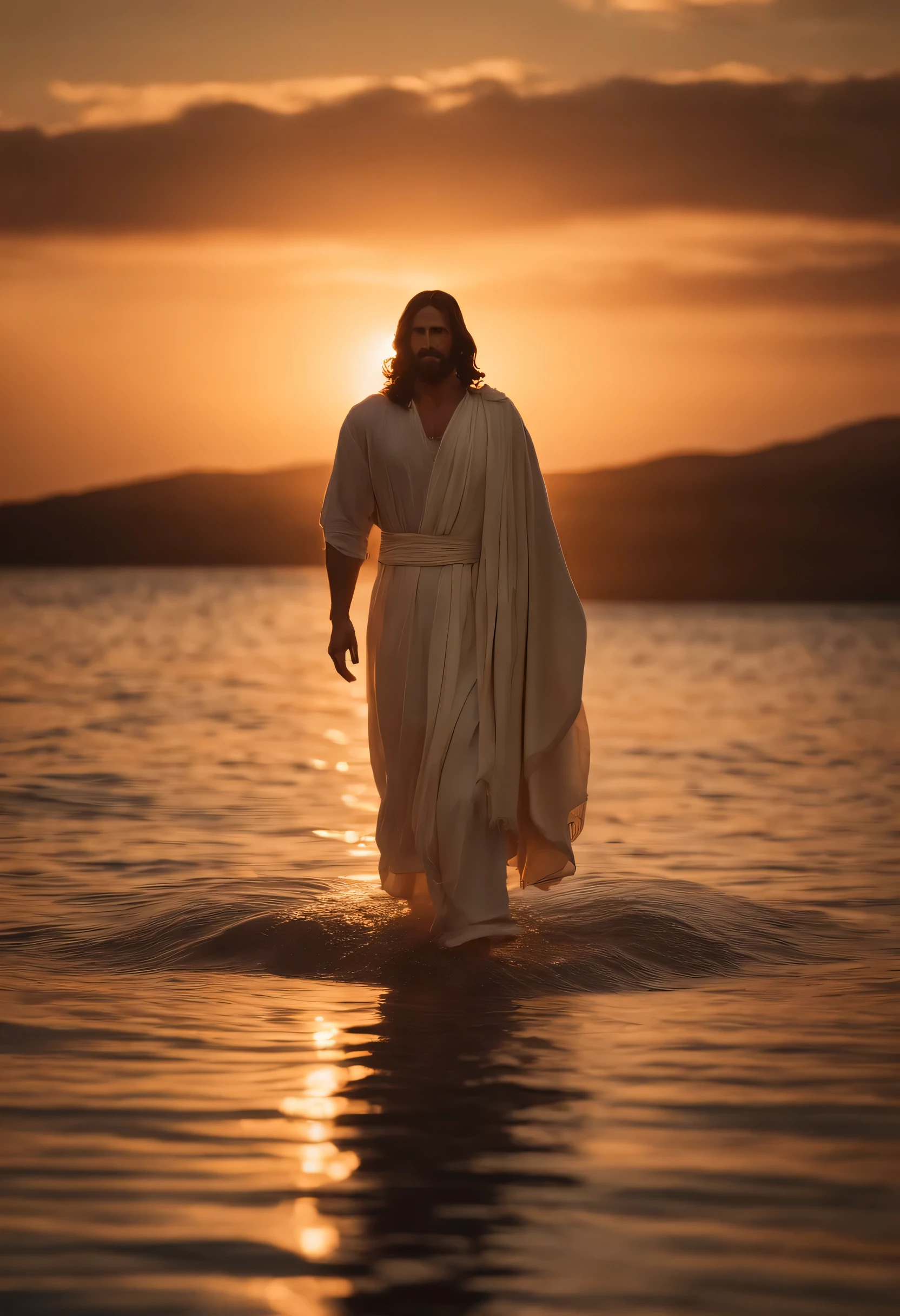 Jesus Christ walking on water, looking at me with a sunset backdrop and a strong light