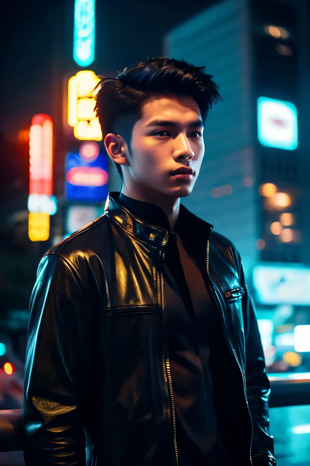 handsome 18-year-old Thai BL actor werewolf, very short hair with undercut, black outfit, futuristic neon cyberpunk city