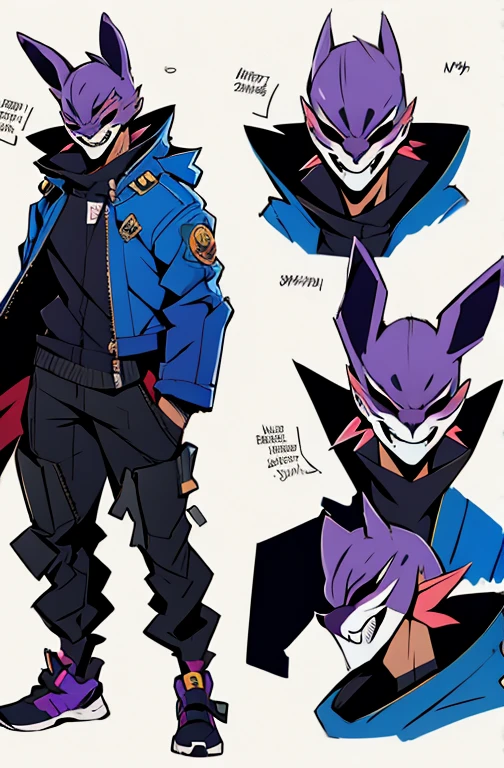 Concept ART Versions , human ,Purple  mask, white Teeth ,big Smile  ,Villain mask , Rabbit ears , Jacket 