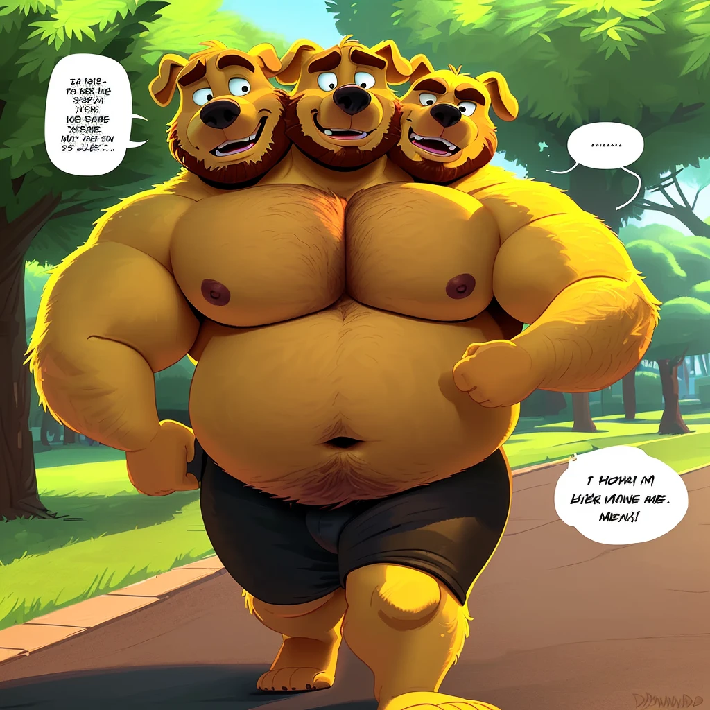 solo, (golden retriever), three heads one body, three headed identical conjoined triplet brothers, (adult male, 50 year old male, (detailed eyes:1.2, cartoon eyes), (stylized 3d, by disney, by rembrandt), by pixar, by dramamine, (burly, manly, beefy, obese:1.3, yellow fur, bald, beard)), park background, (shirtless, black athletic shorts), correct hands, (cartoon eyes, small dark pupils, masculine eyes, narrow eyes, six eyes), (ultradetailed, best quality, detailed masterpiece, highly detailed masterpiece, 4k, professional cartoon), ((natural pose:1.3, walking:1.3)), (((dadbod))), ears, ((talking:1.3, speech bubbles:1.3))