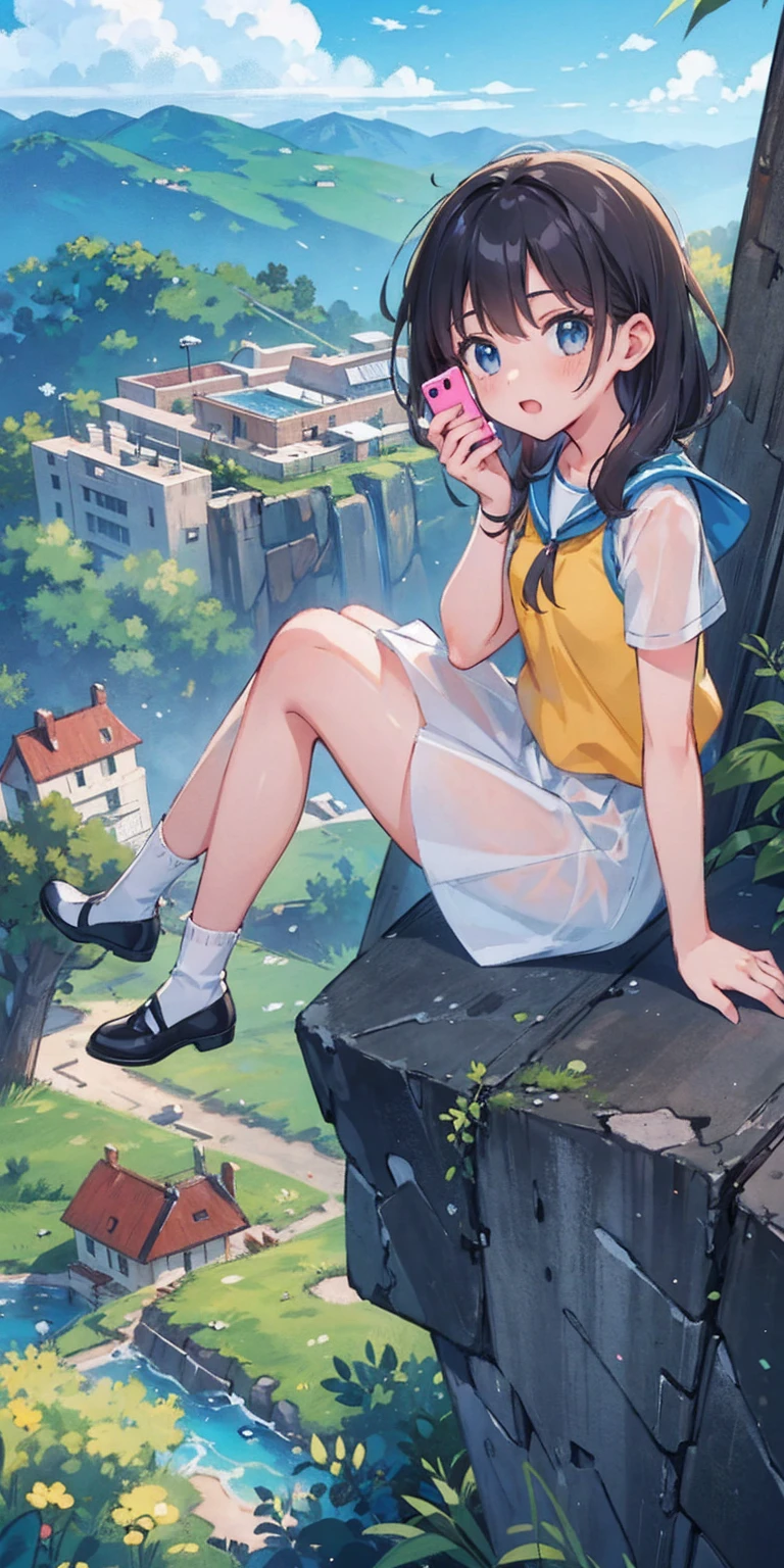 Girl taking a selfie at the observation deck on top of the mountain、You can see the sea and town in the distance
