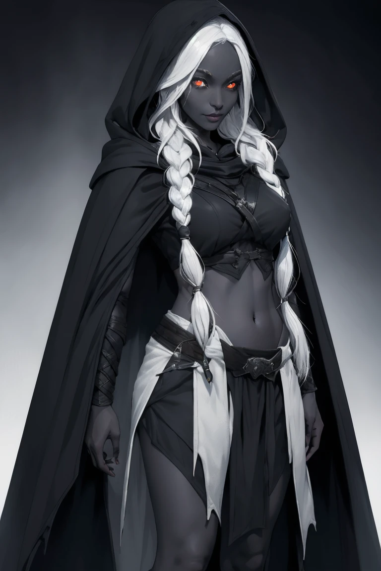 full body. photorealistic. full body. cute, happy drow female, big doe eyes, hood, colored skin, midriff, flirting with viewer, braided white hair, cloak, dark elf, hood up, cape, hooded cloak, grey skin, glowing eyes ((masterpiece, best quality)), art by greg rutkowski, trending on artstation