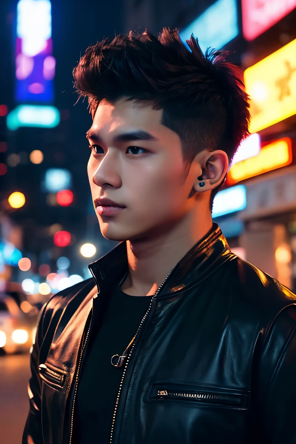 handsome 18-year-old Thai BL actor werewolf, very short hair with undercut, black outfit, futuristic neon cyberpunk city