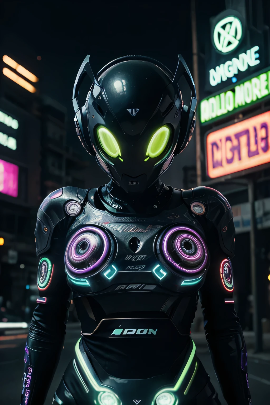 motocycle Alien cyborgue Psy Trance com fones de ouvido, Stimulus to Art, cores vibrantes, Detailed alien creature, Swirling psychedelic patterns, neon lights, atmosfera estranha, Estilo de Arte Digital, 8K resolution