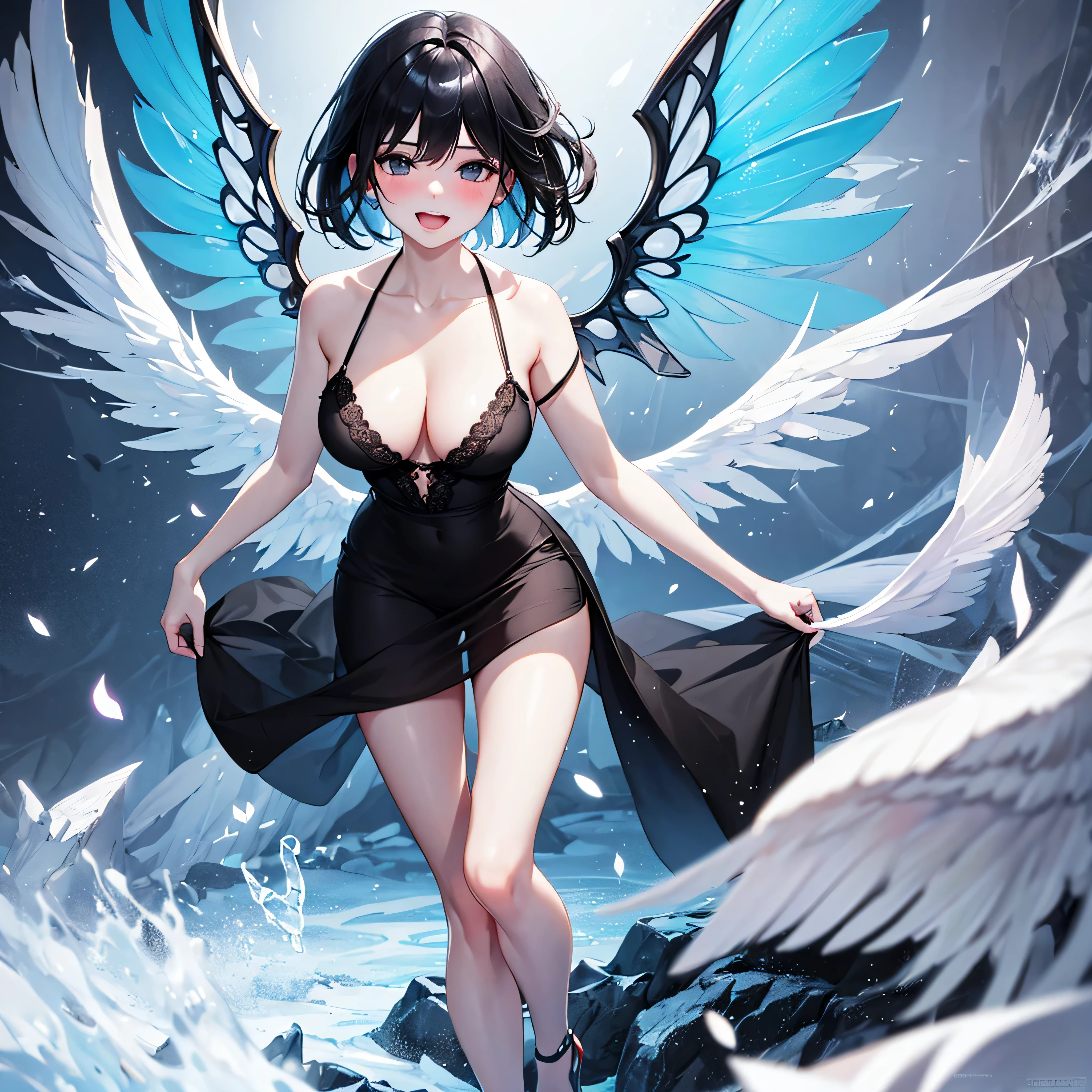 (1 seraphim girl standing on peak of frozen snowy mountain) higher than overcast, blowing frozen wind, (solo), swinging back, multiple wings, (she has 12 wings on her back), (6 white wings:1.5) and (6 black wings:1.5), BREAK, (wearing nothing without a lace trimmed sheer short black chemise:1.4), (plunging neckline), too short black skirt flapping by wind, stiletto heels, BREAK, (black short hair:1.3), sidelocks, black eyes, (bouncing large breasts), cleavage, inconceivably narrow waist, bared skinny arms, bared skinny long legs, thigh gap, tiptoe, BREAK,  face, nose blush, smile for viewer, open mouth, orgasm, BREAK, full body, (extremely detailed CG unity 8k wallpaper), (beautiful detailed), (ultra high resolution), (masterpiece:1.2), (best quality), (beautiful illustration)