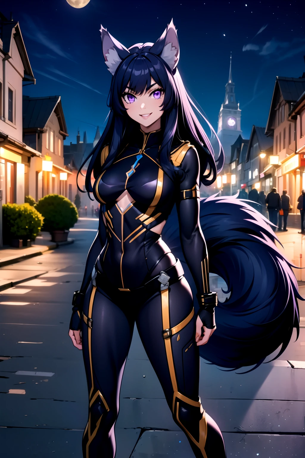 best quality, masterprice, 1girl, (solo:1.1), raytracing, ultra detailed,detailed face, 8k wallpaper, large breasts, smile, wide hips, outdoor,night time,old town,moon, standing, outdoor,  DeltaNDV, long hair, animal ears, purple eyes, bangs, wolf ears, looking at viewer, wolf tail, bodysuit, tight clothes, stomach, from front