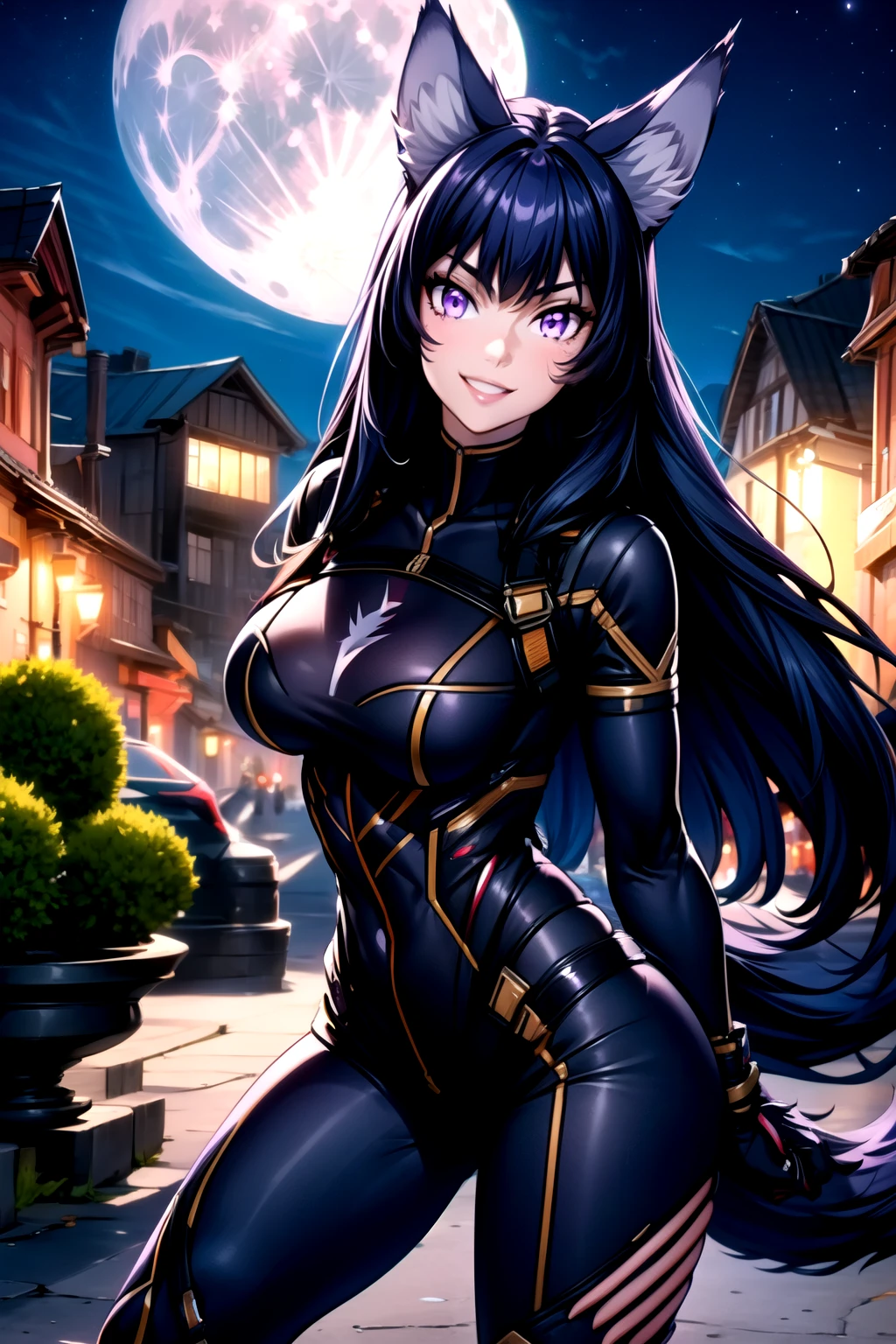 best quality, masterprice, 1girl, (solo:1.1), raytracing, ultra detailed,detailed face, 8k wallpaper, large breasts, smile, wide hips, outdoor,night time,old town,moon, standing, outdoor,  DeltaNDV, long hair, animal ears, purple eyes, bangs, wolf ears, looking at viewer, wolf tail, bodysuit, tight clothes, stomach, from front