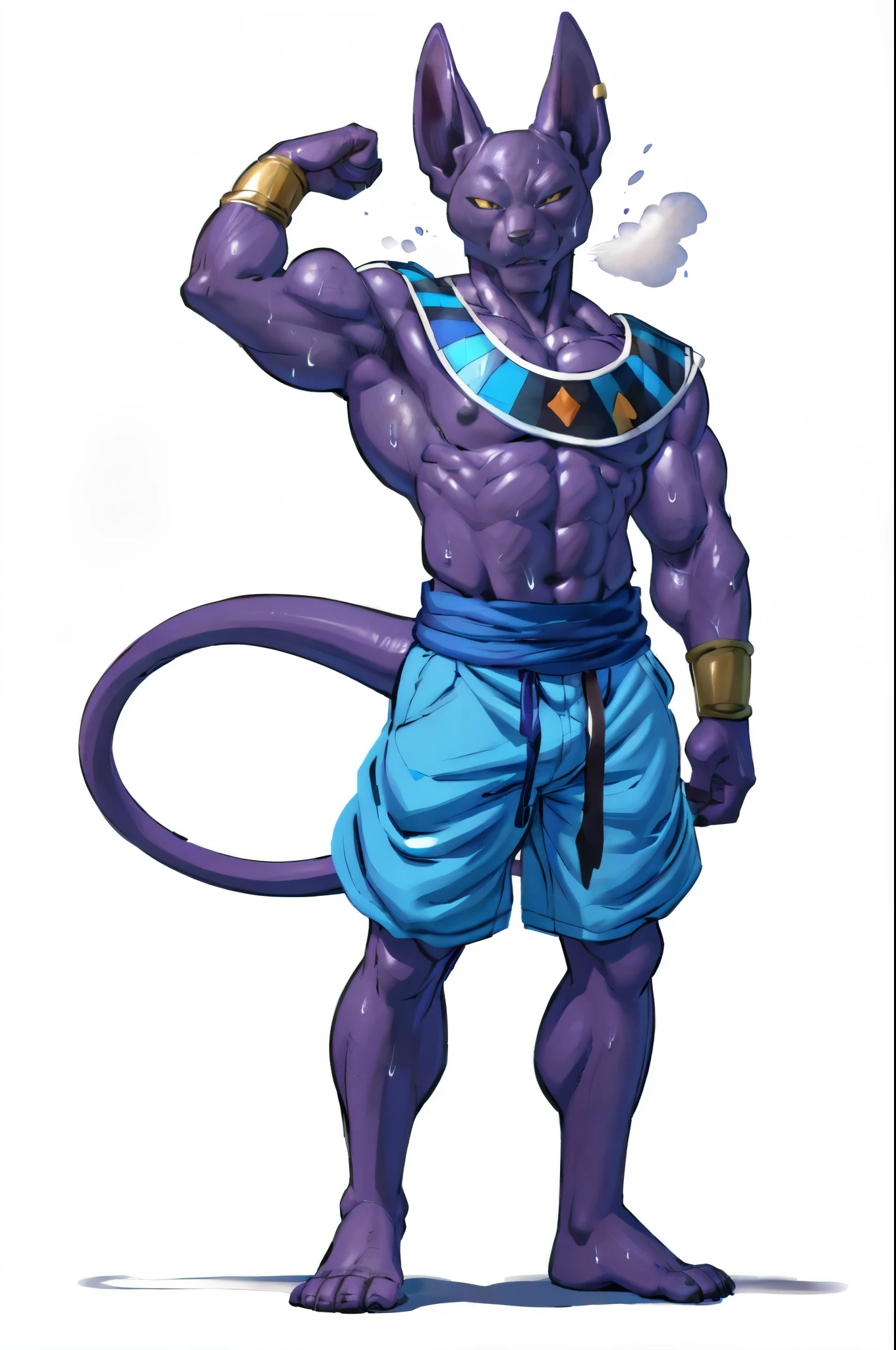 Beerus (dragonball), full body, full height, anthro feline. 4k, high resolution, best quality, posted on e621, solo, full height, anthro body, older male, masculine:1, male, very masculine, slim:1.4, skinny:1.8, ripped:1.2 muscles, (correct anatomy):1, huge torso, (white background, no background:1.2), (bare torso:1.1), bare chest, (wearing shorts), (detailed eyes:1.2), sexy, (cel shaded:1.2), (sweat:1.5), visible breath, sweat:1, (watercolors:1.2), confident, proud, (vascular, veins:1.1), (full body):1, manly, flexing, (by takemoto arashi, by meesh, by Taran Fiddler)