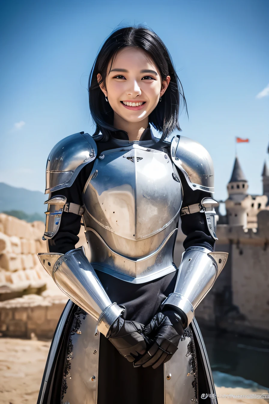 8K、highest quality、female knight、The background is a castle、Luxurious Silver Armor、heavy equipment、black hair、hairstyle shortcut、smile、beautiful teeth、full body photo、ear piercing