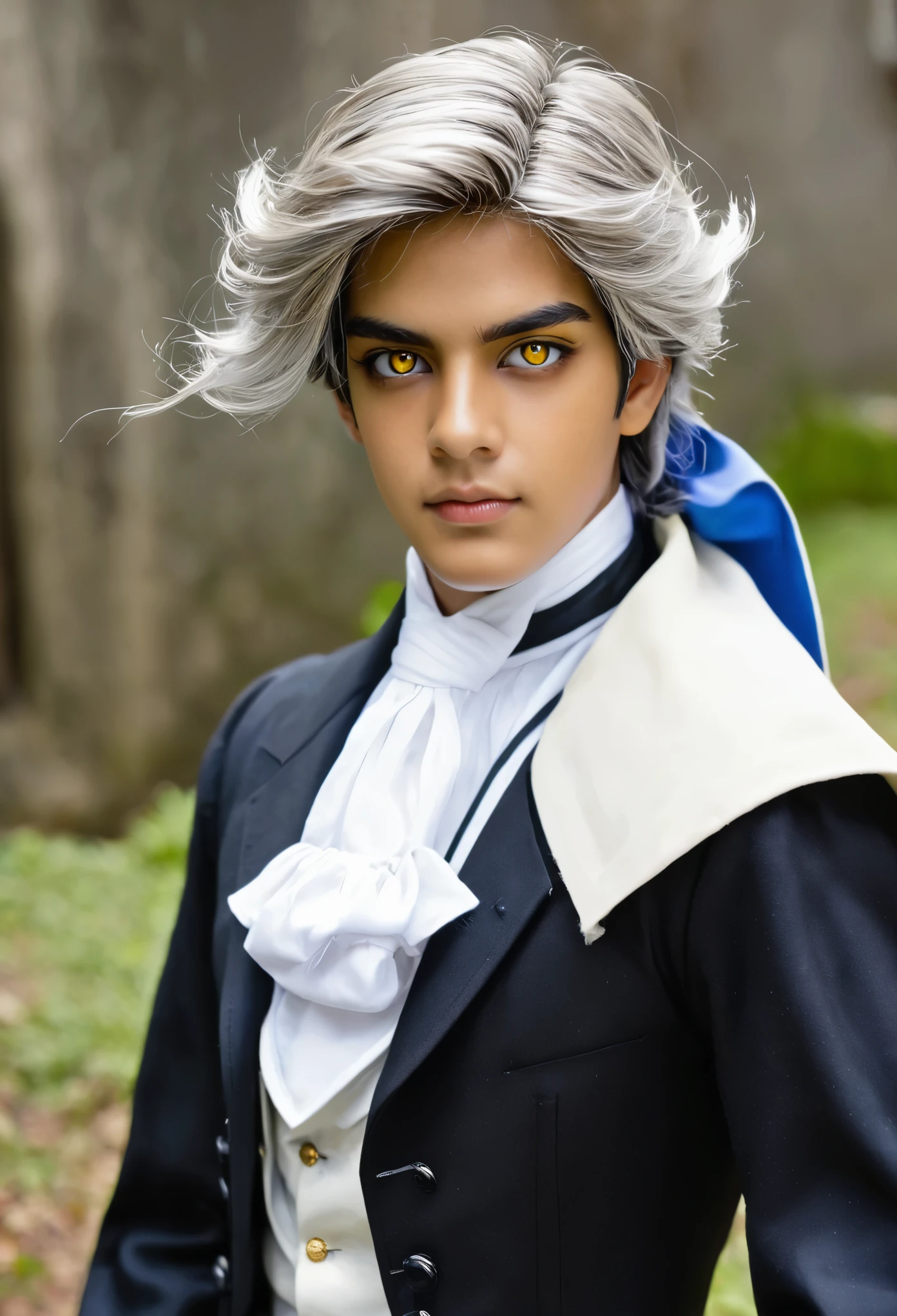 Um garoto possui um rosto bonito e sereno, I have yellow eyes. His hair is black and has a tomboy style.. Com uma altura de 1,60m, He exudes confidence. Her attire is an elegant combination of white and blue., complementado por uma capa na cintura. The arms of the costume are black, adding a touch of contrast to your appearance.