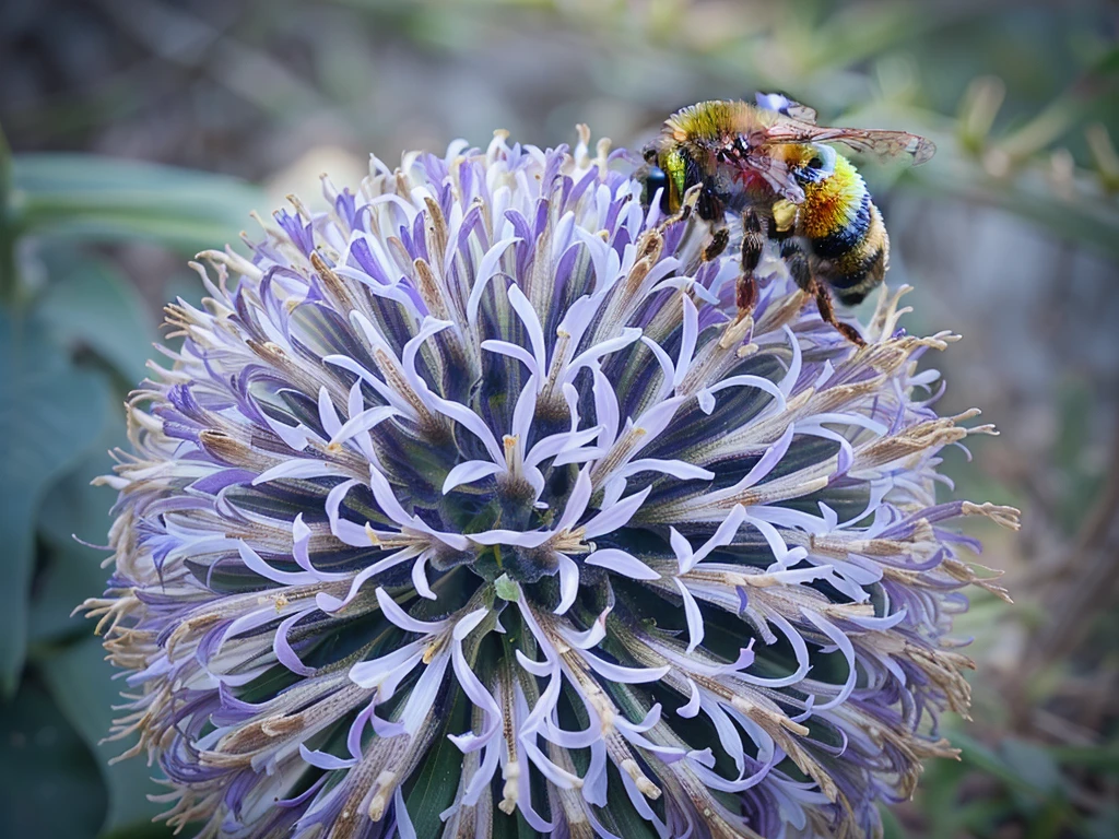 Big bumble-bee on a purple flower with a blurry background, what a bumbler!, (bee), by Juergen von Huendeberg, by Jan Rustem, bumblebee, big bee, close-up photo, close - up photo, bee, closeup photo, close photo, giant corn flower head, post-processed, close-up shot