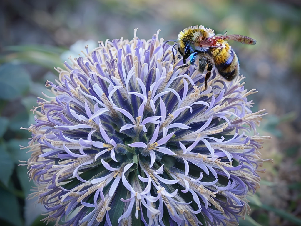Big bumble-bee on a purple flower with a blurry background, what a bumbler!, (bee), by Juergen von Huendeberg, by Jan Rustem, bumblebee, big bee, close-up photo, close - up photo, bee, closeup photo, close photo, giant corn flower head, post-processed, close-up shot