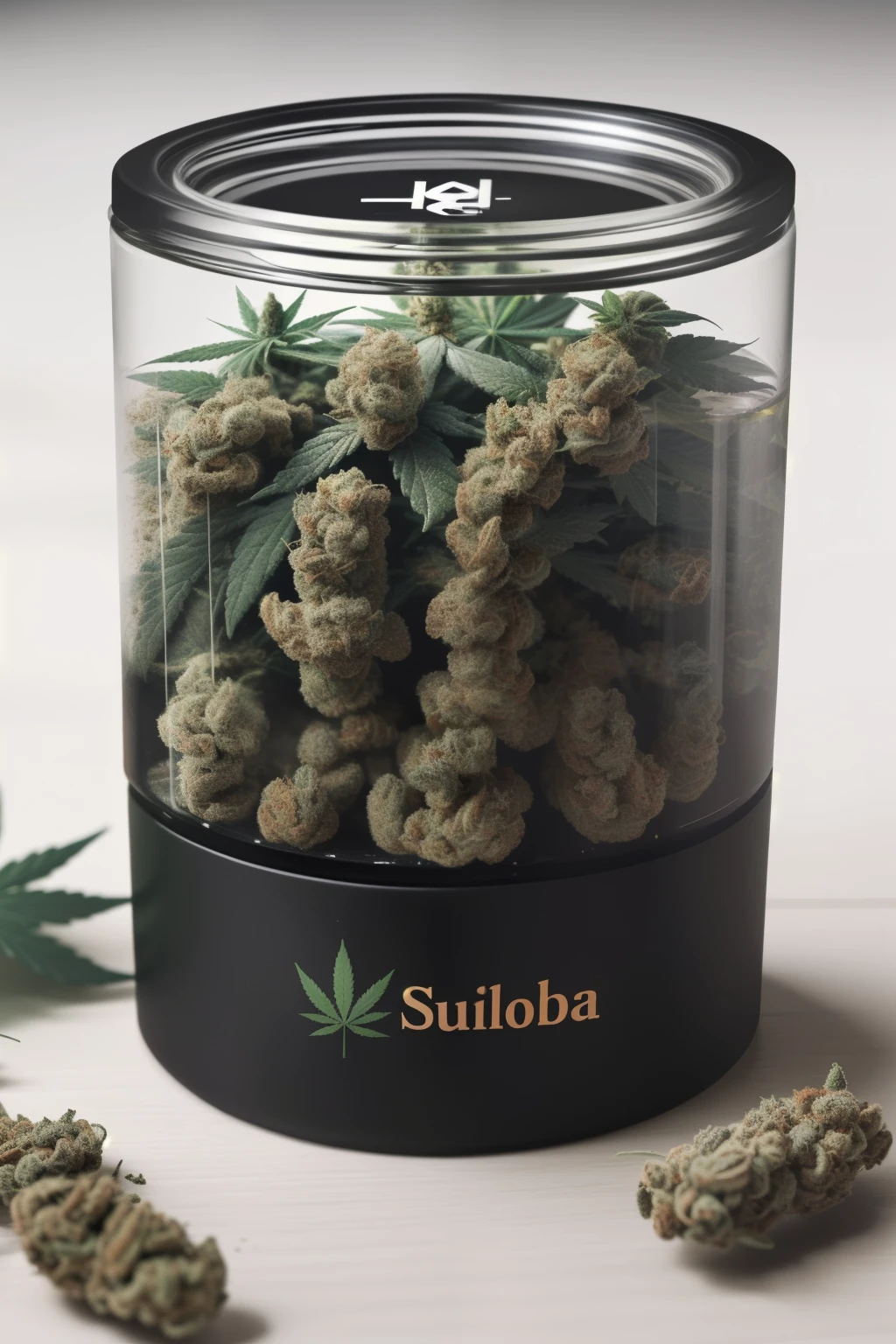 Create an image of a cannabis container with different flavors and styles and name of the seed genetics.