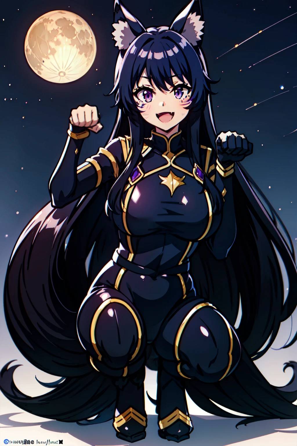 delta, facial mark, purple eyes, large breasts, black long hair, tail, tail ornament, black body suit, squatting, paw pose, looking at viewer, blush,oldtown,night time ,moon, :d, fang