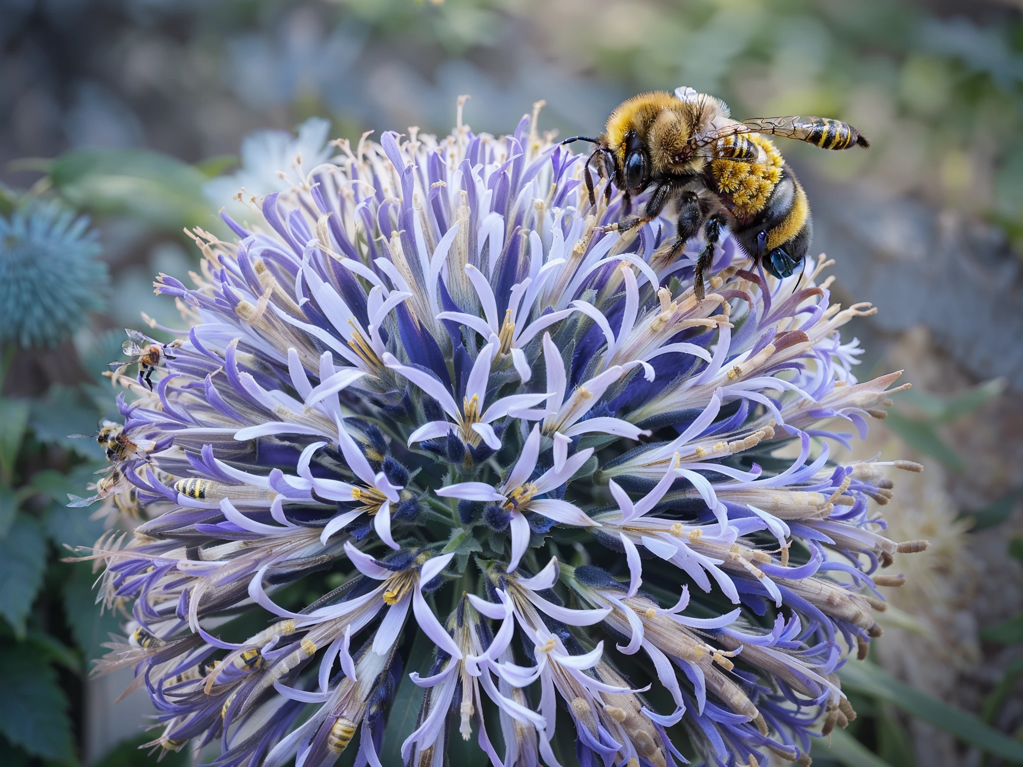 Big  bumble-bee on a purple flower with a blurry background, what a bumbler!, (bee), by Juergen von Huendeberg, by Jan Rustem, bumblebee, big bee, close-up photo, close - up photo, bee, closeup photo, close photo, giant corn flower head, post-processed, close-up shot