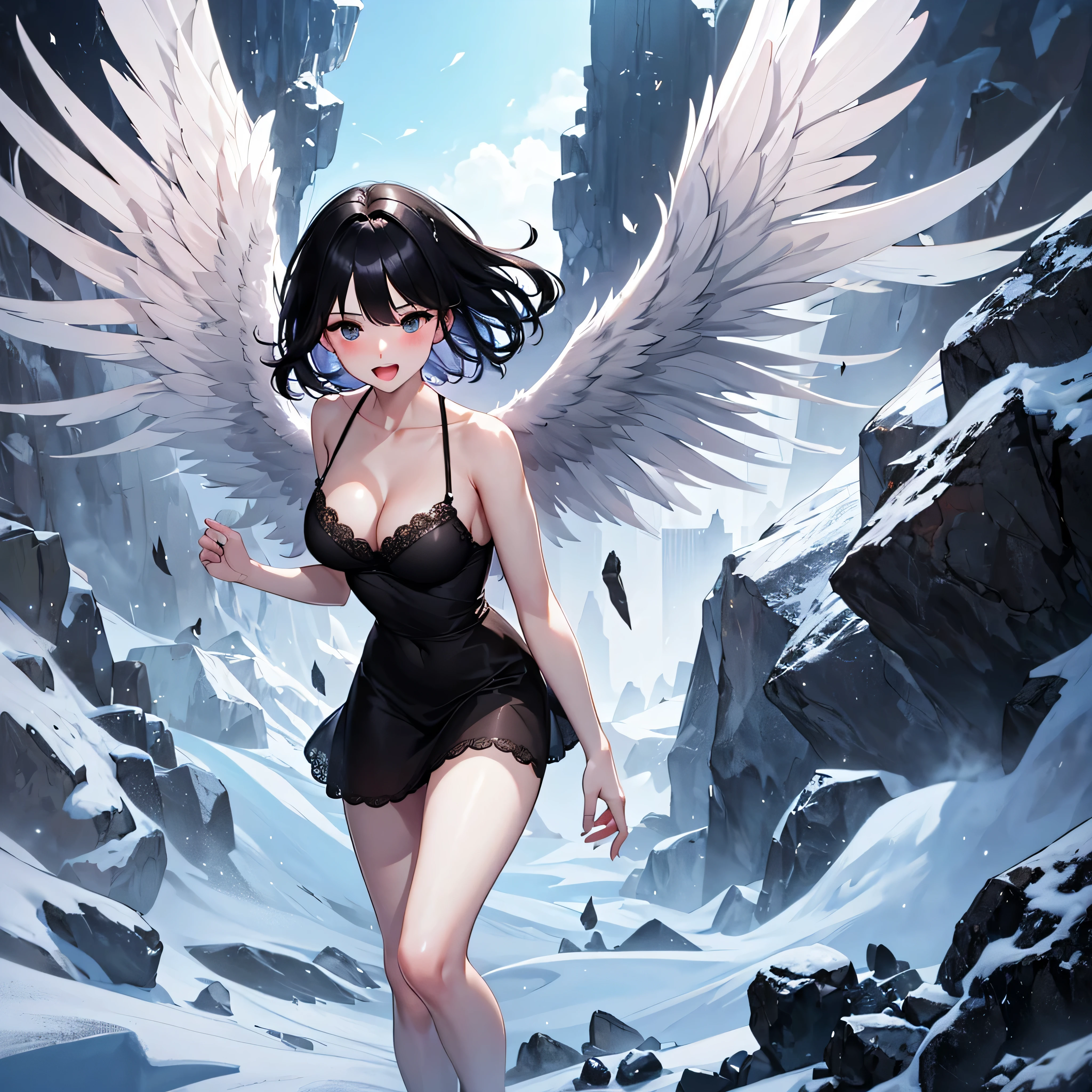 (1 seraphim girl standing on peak of frozen snowy mountain) higher than overcast, blowing frozen wind, (solo), swinging back, multiple wings, (she has 12 wings on her back), (6 white wings:1.5) and (6 black wings:1.5), BREAK, (wearing nothing without a lace trimmed sheer short black chemise:1.4), (plunging neckline), too short black skirt flapping by wind, stiletto heels, BREAK, (black short hair:1.3), sidelocks, black eyes, (bouncing large breasts), cleavage, inconceivably narrow waist, bared skinny arms, bared skinny long legs, thigh gap, tiptoe, BREAK, face, nose blush, smile for viewer, open mouth, orgasm, BREAK, full body, (extremely detailed CG unity 8k wallpaper), (beautiful detailed), (ultra high resolution), (masterpiece:1.2), (best quality), (beautiful illustration)