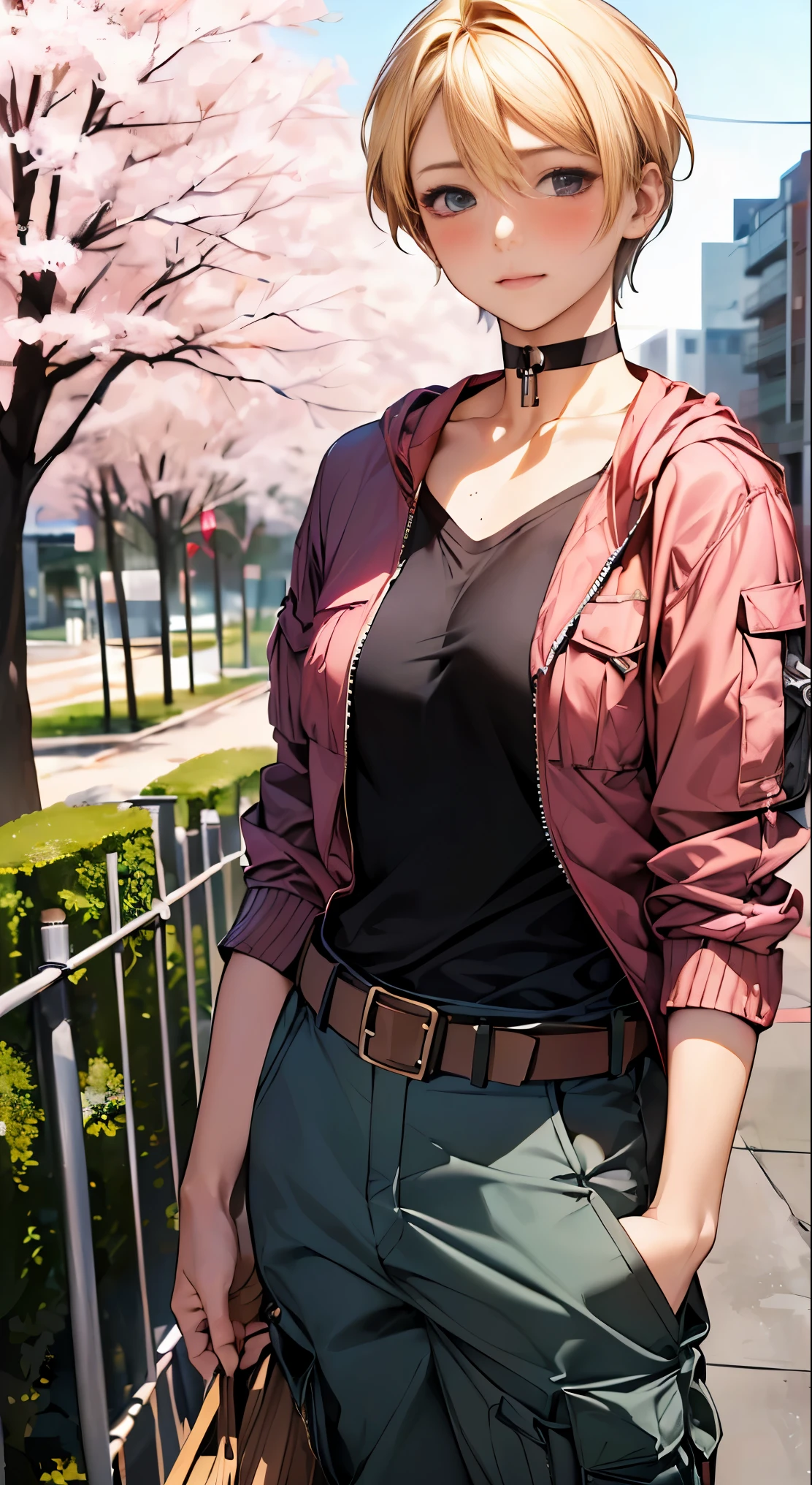 (masterpiece:1.2, highest quality), (realistic, photorealistic:1.4), beautiful illustrations,
looking at the viewer, whole body, Front view:0.6,
1 female, 25 years old, Japanese, ((blonde:1.5, handsome short hair:1.4)), No bangs, hair between eyes, ((height: 176 cm, big breasts:1.6, thin waist))
beautiful hair, beautiful face, beautiful and detailed eyes, (black eye:1.3), beautiful clavicle, beautiful body, beautiful breasts, beautiful thighs, beautiful feet, beautiful fingers, perfect anatomy:1.3, Cherry blossom trees:1.3,
(MA-1 jacket:1.8, cargo pants:1.4, belt, choker:1.6)), white panties:1.6,
(Look at the viewer while blushing:1.3), ((nfsw:1.4))