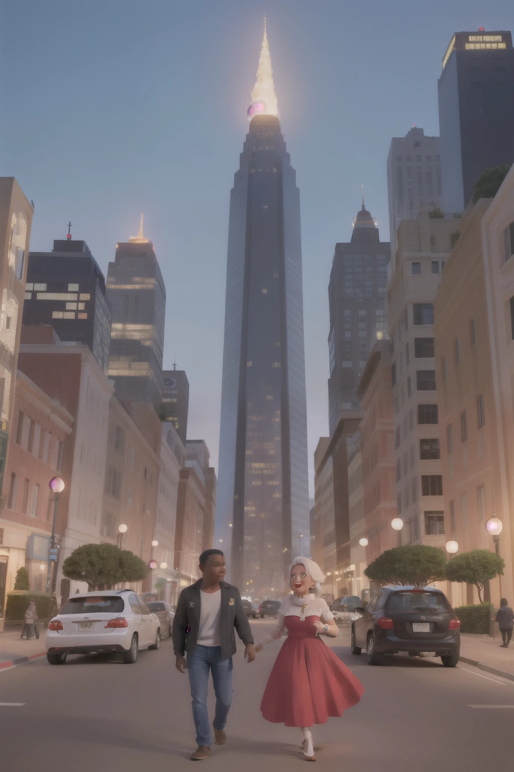 obra de arte, alta qualidade melhor qualidade,1 garota de pele clara cabelos cacheados preto , 1 garoto de pele escura de cabelos escuros , the two are in a big city with their dog on high adventures the city is lit up full of buildings and cars