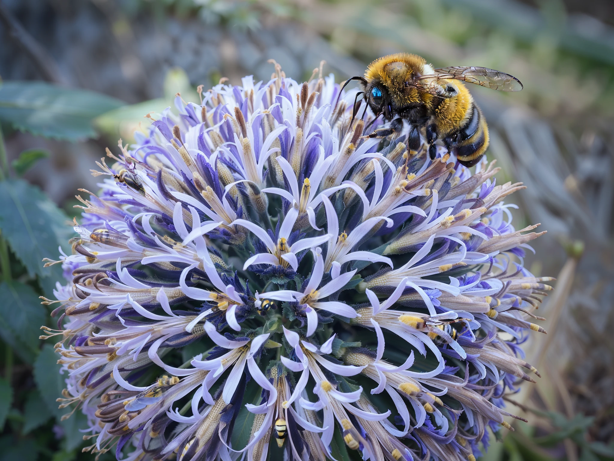 Big bumble-bee on a purple flower with a blurry background, what a bumbler!, (bee), by Juergen von Huendeberg, by Jan Rustem, bumblebee, big bee, close-up photo, close - up photo, bee, closeup photo, close photo, giant corn flower head, post-processed, close-up shot