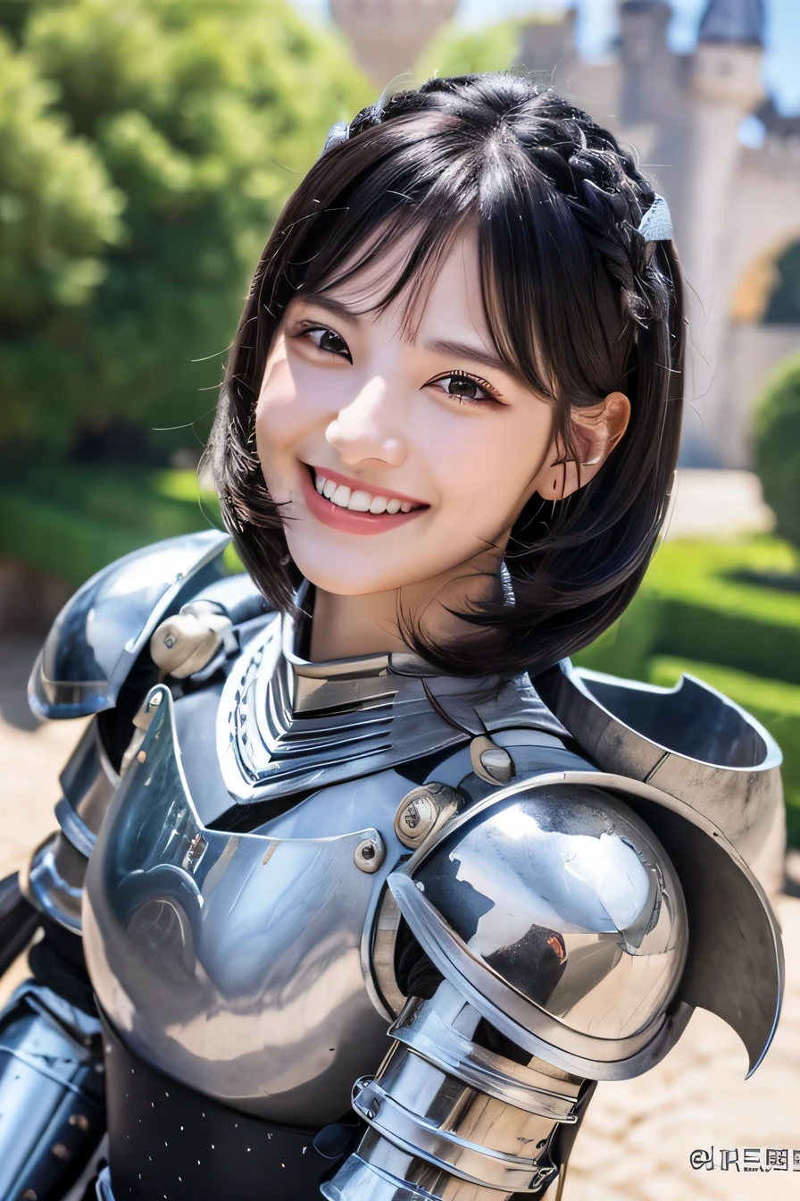 8K、highest quality、female knight、The background is a castle、Luxurious Silver Armor、heavy equipment、black hair、hairstyle shortcut、smile、beautiful teeth、full body photo、ear piercing