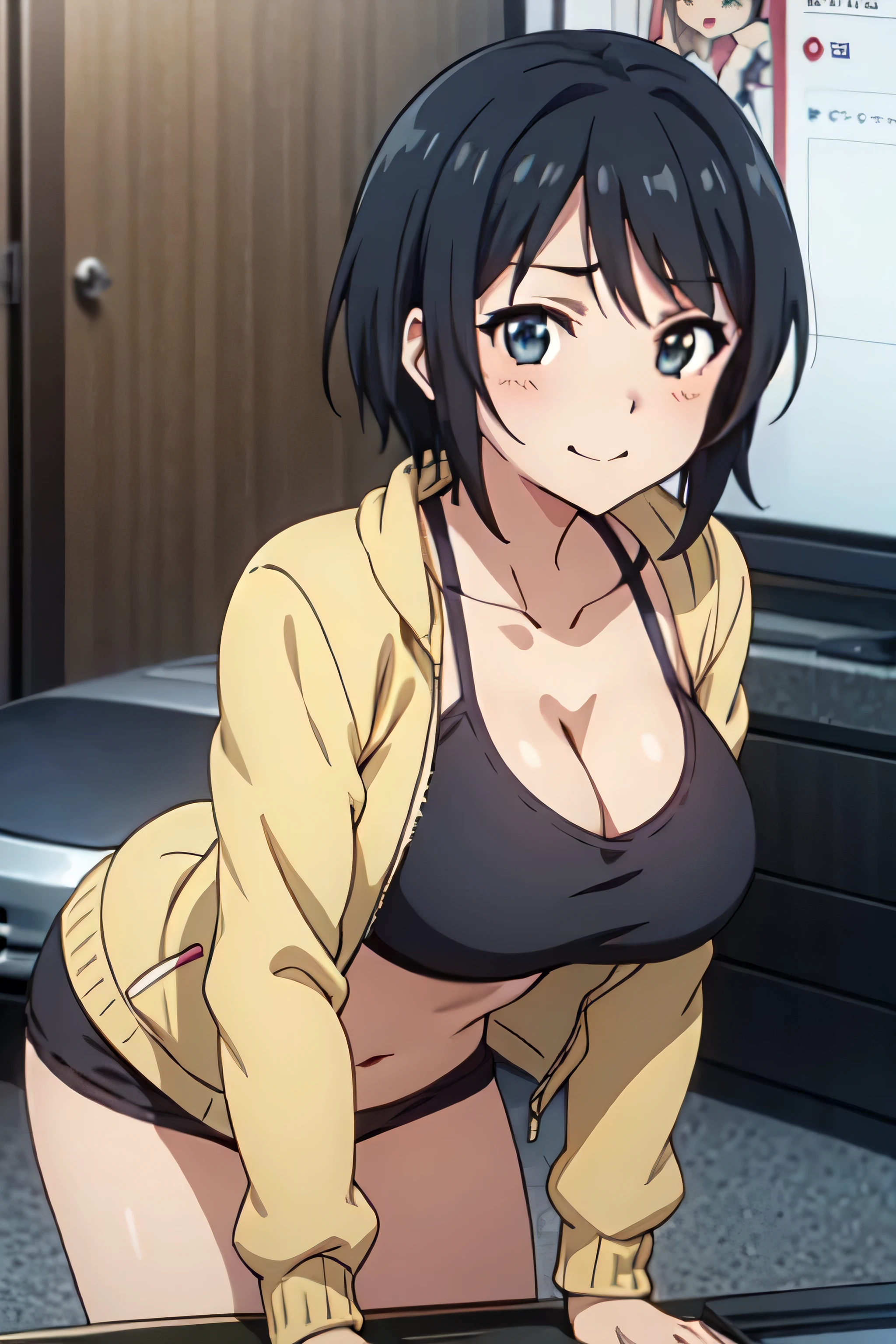(((masterpiece))),fuyumi itadori, Anime girl characters, 1girl, solo, looking at viewer, medium hair, black hair,blue eyes, long sleeves, cleavage, bigger breasts, closed mouth, collarbone, jacket, open clothes, open jacket, blue jacket, ground vehicle, sports bra, tall girl, horny, big ass, beautiful face,Charming, anime visual of a cute girl, screenshot from the anime film, & her expression is solemn, ahegao face, in the anime film, in an anime, anime visual of a young woman, she has a cute expressive face, still from anime, perfect breasts, she is tall, All bodies visible, ahegao face, the face is ahegao, she is horny, A perverted face, she so perverted, she smile so perverted, hd picture, 4k quality, details of the face is so good,bigger breasts,