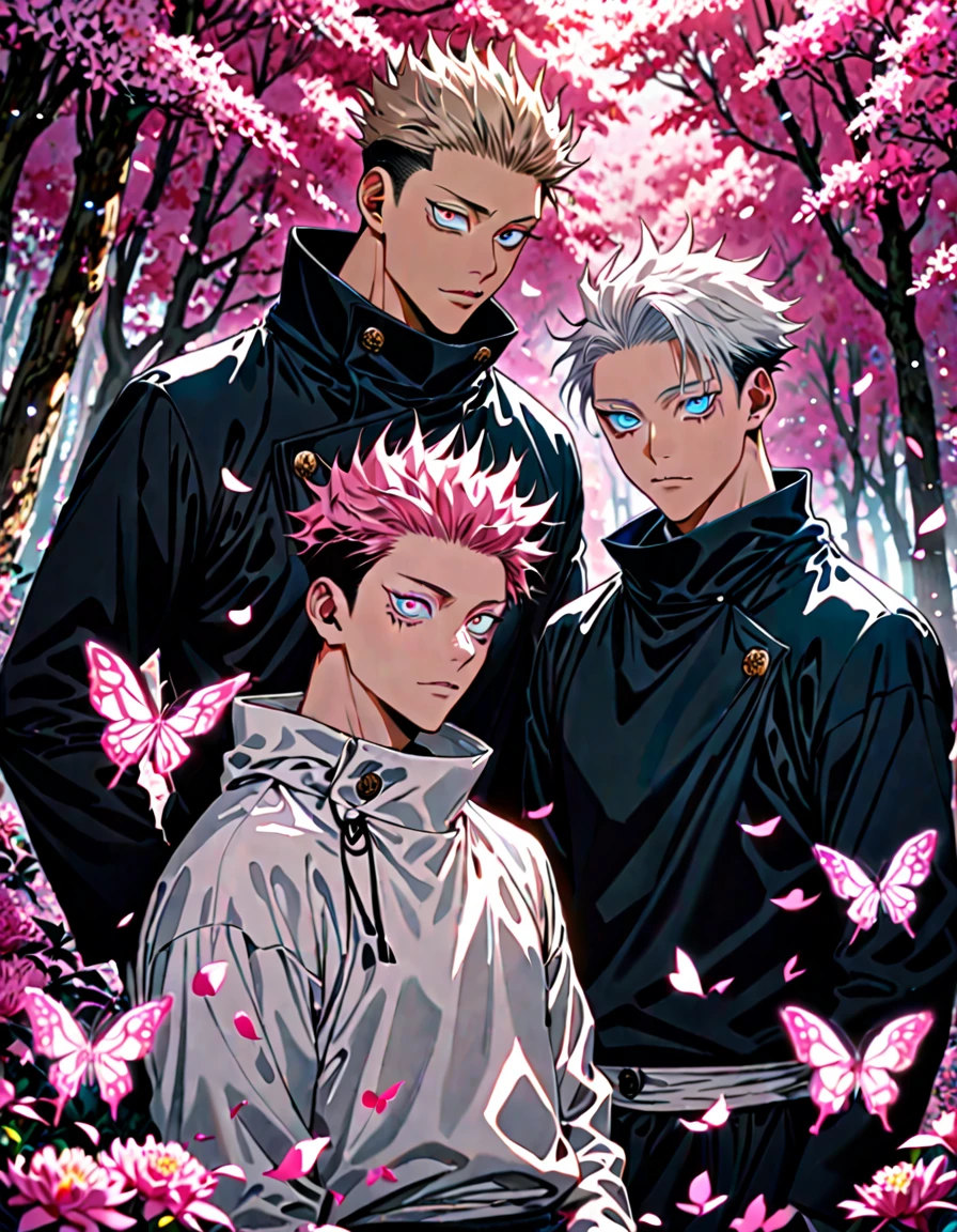 (absurdres, highres, ultra detailed, HDR), master piece, best quality, 2men together, gay, handsome, Gojo Satoru, vibrant blue eyes, white hair, white eyelashes, Jujutsu Kaisen, Itadori Yuji, pink hair, vibrant light brown eyes, pink forest, pink flowers, pink butterflies, pink petals