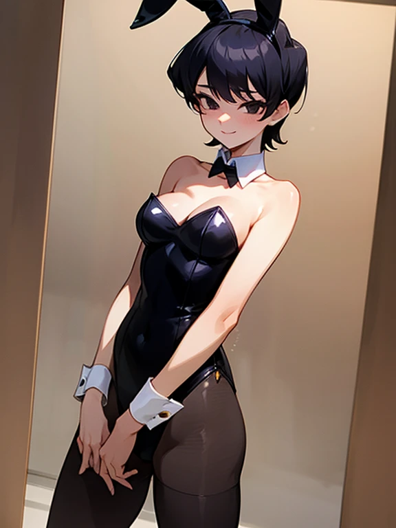 komi shuuko, black eyes, black hair, short hair, pantyhose, playboy bunny, bare shoulders, smile, cowboy shot, highly detailed, HD, 4K, Masterpiece, highres