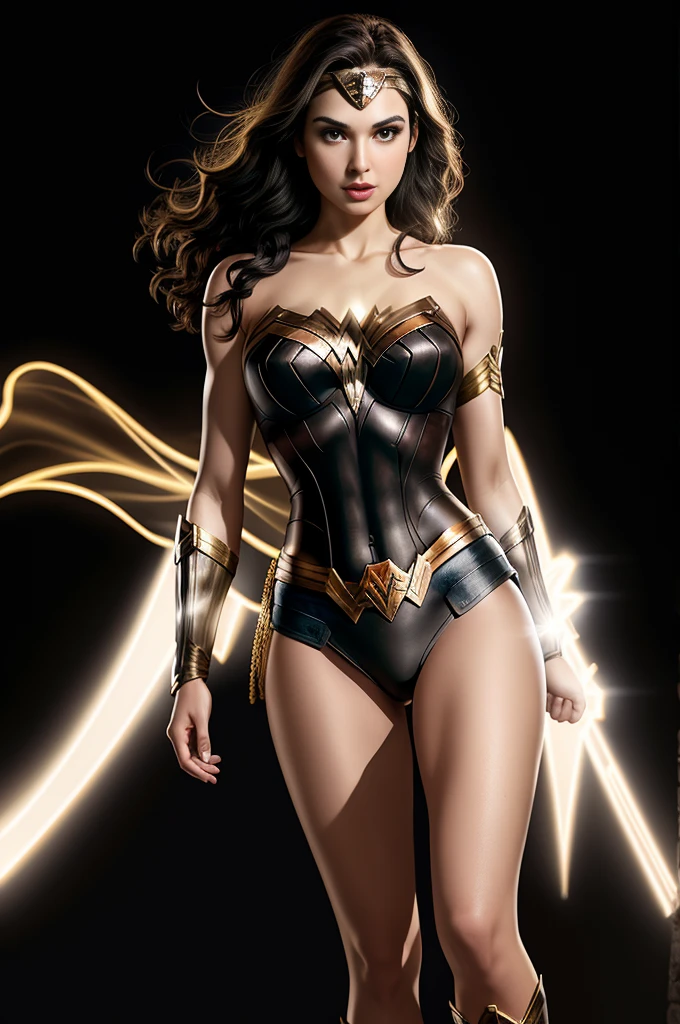 GAL GADOT AS WONDER WOMAN, ATHLETIC BODY, MUSCLES, looking at camera, gigantic breasts, cleavage, (high detailed skin:1.2), 8k uhd, dslr, super lighting, high quality, film grain, high res, highly detailed, hyper realistic, beautiful face, beautiful body, beautiful eyes nose lips, alluring expression, very bold, upper visible, full body photo, standing legs apart, pale translucent glowing skin, most beautiful face, cute, (well defined pubic hair:1.2)), (dark plain black background:1.4))