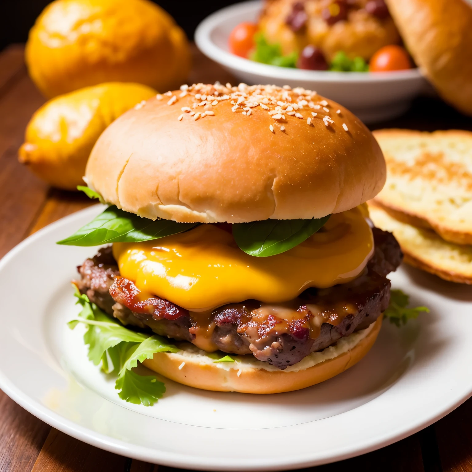 (best quality:1.2), (masterpiece:1.15) A juicy burger and a stuffed potato face off in an epic battle of flavors. The photo is high resolution, with stunning details that make food look realistic enough to enjoy. The hamburger, perfeitamente grelhado, is covered with melted cheese, alface fresca e fatias suculentas de tomate. Ao lado, a batata recheada transborda com seu recheio cremoso de queijo, bacon crocante e cebolinha pic