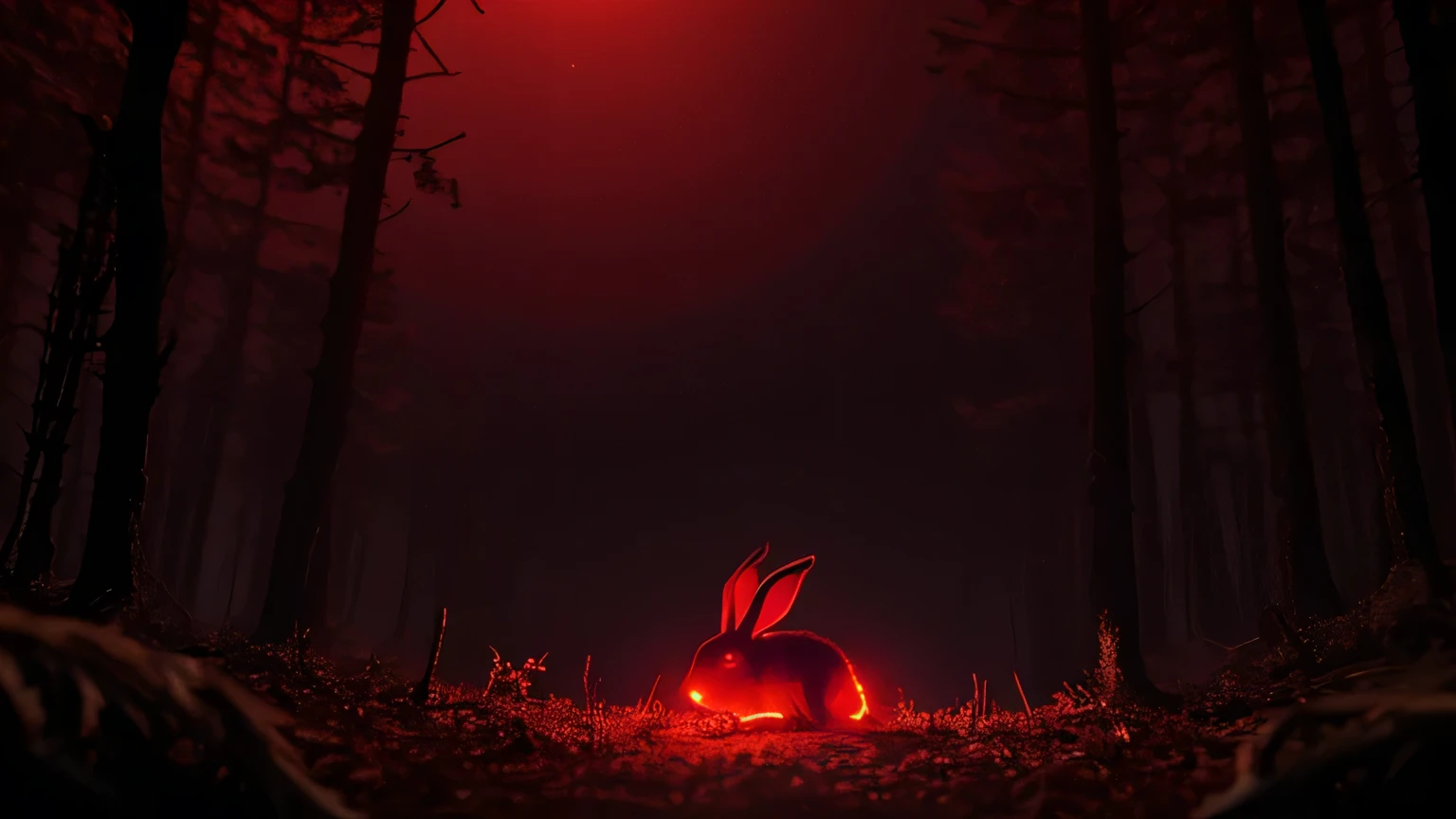 A dead bunny lying in a dark forest, surrounded by eerie blood trees with a blood moon shining in the background. The bunny's eyes are open and glowing red, giving off a creepy and unsettling vibe.