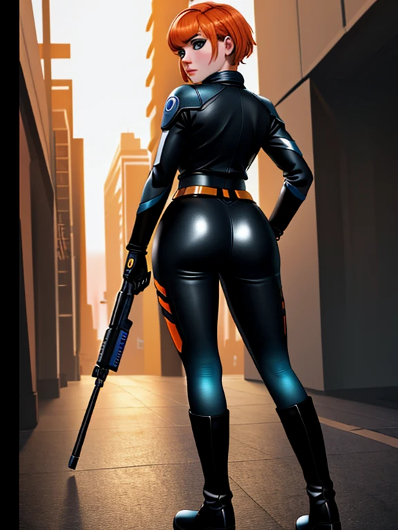 1girl, Sexy Experienced Cyberpunk Agent, short orange hair, blue eyes, (Wearing: futuristic black tight jumpsuit, utility belt, boots), light skin, natural makeup, athletic body, round ass, (looking from behind), (back shot), (ass focus),full-length, super face detail, Very detailed, 8k, game color correction, (HDR, UHD, 64k, best quality, RAW photo, best quality, masterpiece: 1.5), UHD, hd, k, hyperrealism, full-body detail, high detailed, digital painting, trending on artstation, HD quality
