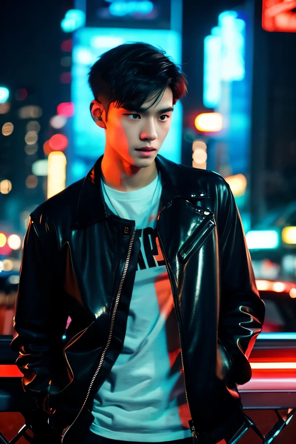 handsome 18-year-old Thai BL actor werewolf, very short hair with undercut, black jacket, futuristic neon cyberpunk city