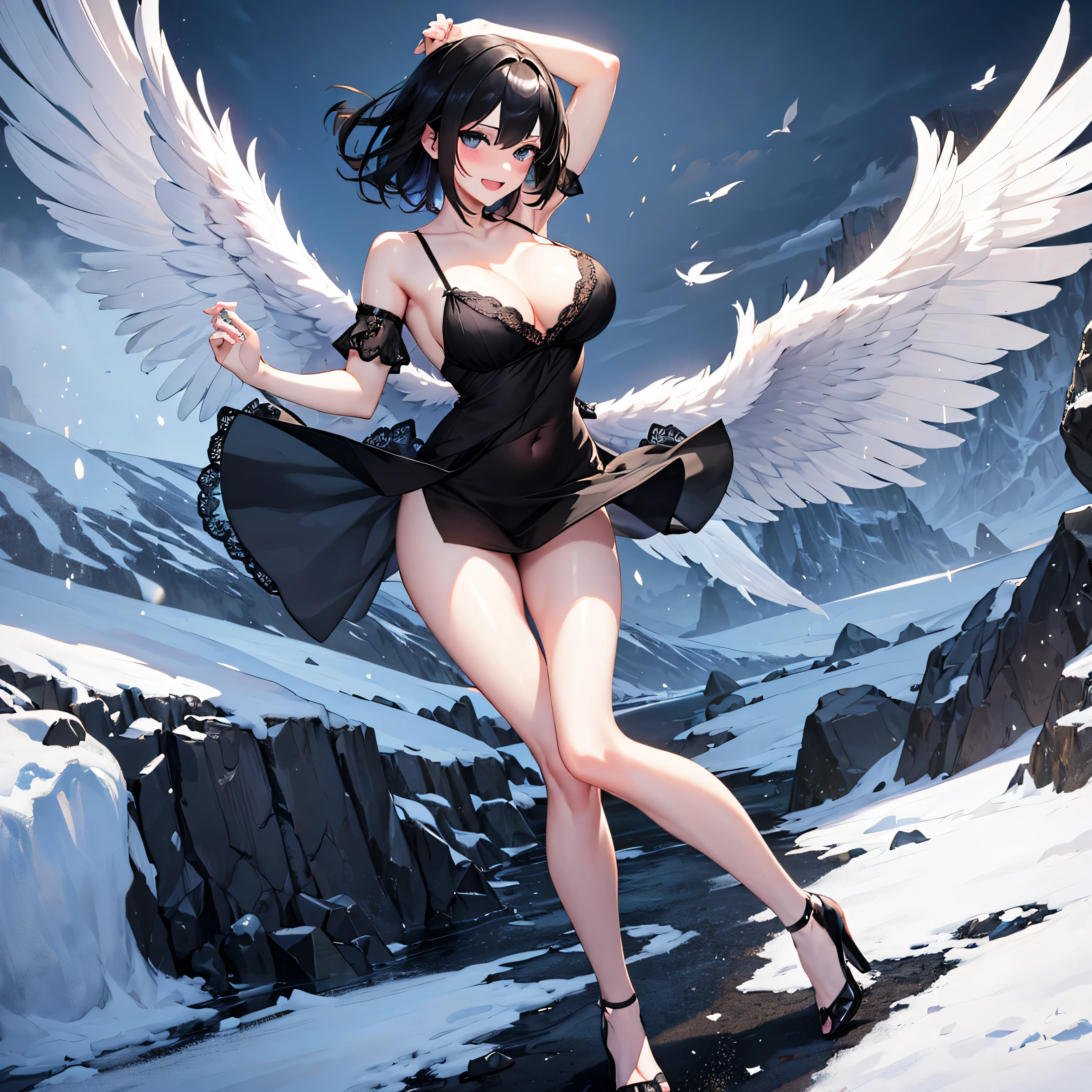 (1 seraphim girl standing on peak of frozen snowy mountain) higher than overcast, blowing frozen wind, (solo), swinging back, multiple wings, (she has 12 wings on her back), (6 white wings:1.5) and (6 black wings:1.5), BREAK, (wearing nothing without a lace trimmed sheer short black chemise:1.4), (plunging neckline), too short black skirt flapping by wind, stiletto heels, BREAK, (black short hair:1.3), sidelocks, black eyes, (bouncing large breasts), cleavage, inconceivably narrow waist, bared skinny arms, bared skinny long legs, thigh gap, tiptoe, BREAK, face, nose blush, smile for viewer, open mouth, orgasm, BREAK, full body, (extremely detailed CG unity 8k wallpaper), (beautiful detailed), (ultra high resolution), (masterpiece:1.2), (best quality), (beautiful illustration)